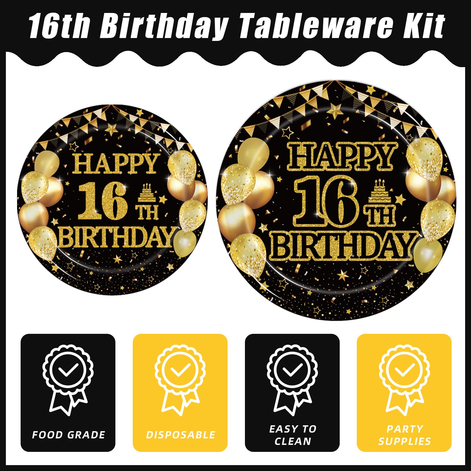 96Pcs 16Th Birthday Party Tableware Set, Black Gold Cheers To 16 Years Party Decorations Supplies 16 Years Old Birthday Party De
