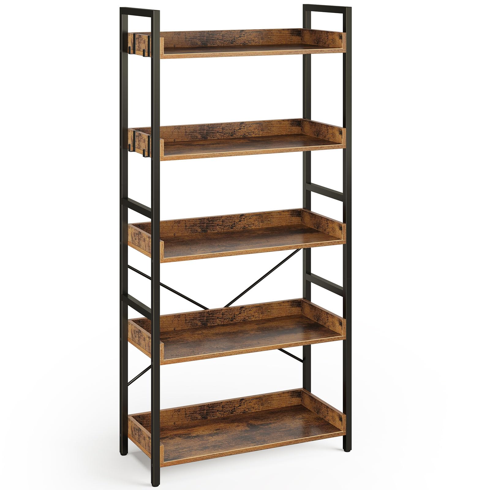 Rolanstar Bookshelf 5 Tier With 4 Hooks, Industrial Wood Bookcase, Vintage Storage Rack With Open Shelves, Rustic Standing Bookshelves Display Rack For Living Room, Bedroom, Rustic Brown