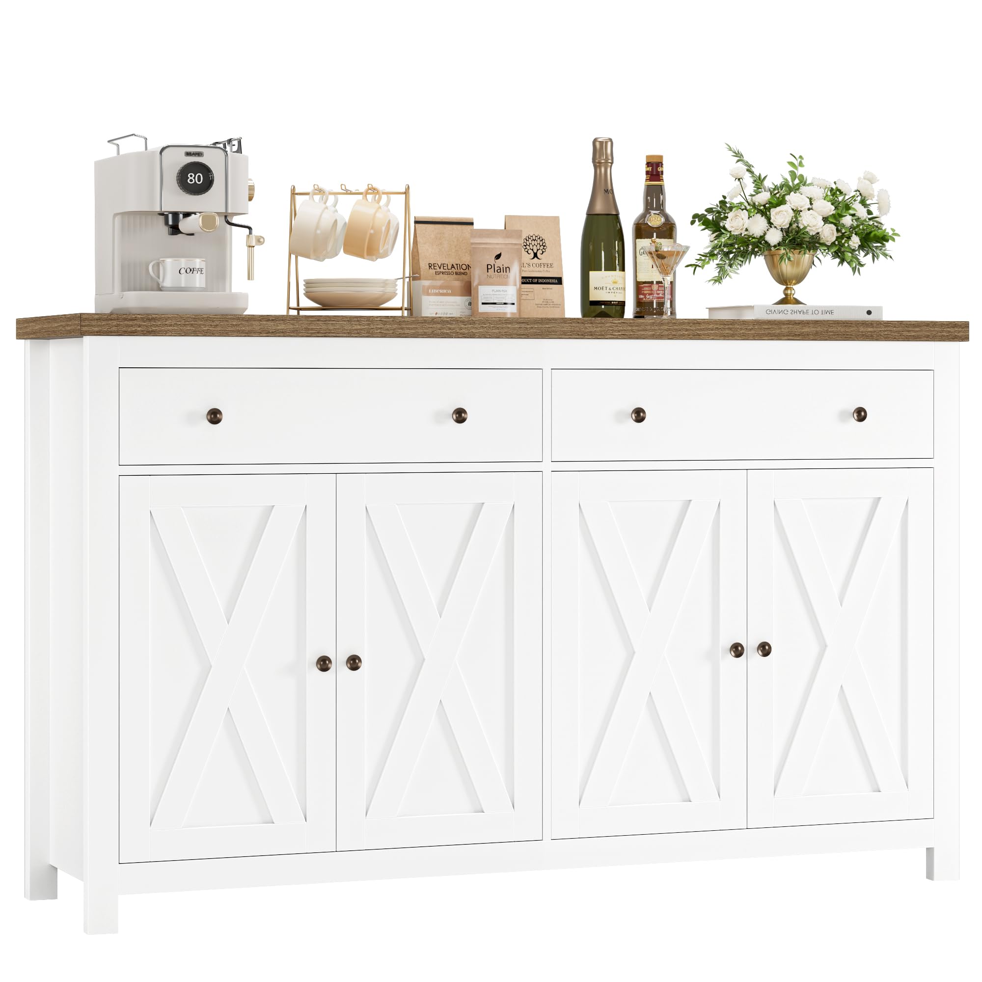 FOTOSOK Sideboard Buffet Cabinet with Storage, 55 Large Kitchen Storage Cabinet with 2 Drawers and 4 Doors, Wood Coffee Bar Cabi