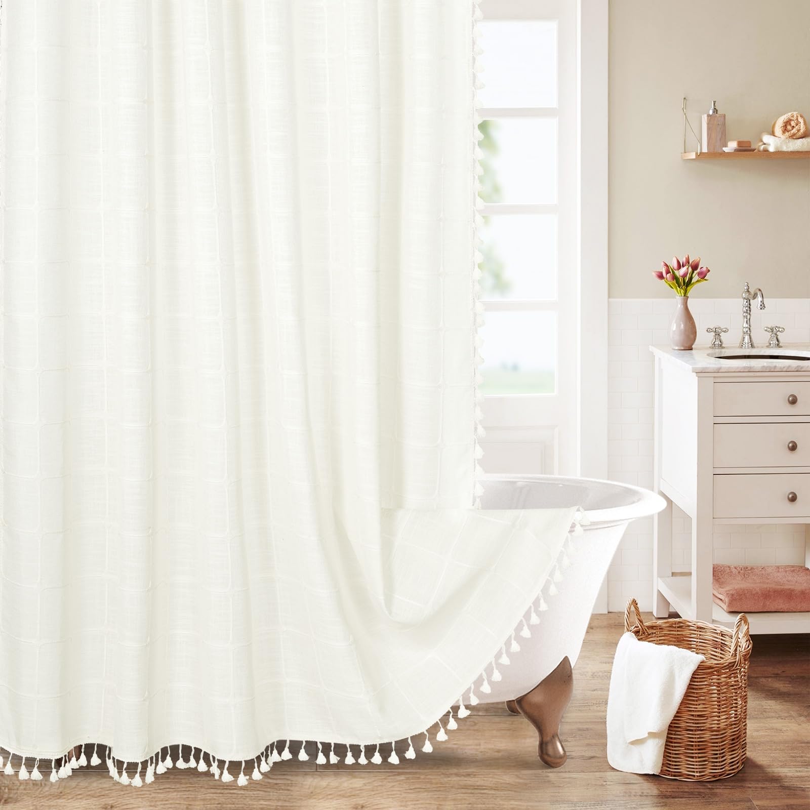 MitoVilla Ivory White Boho Farmhouse Shower Curtain Set 72 x 78, 78 inch Long Cotton Linen Tassel Fabric Shower Curtain Set for 