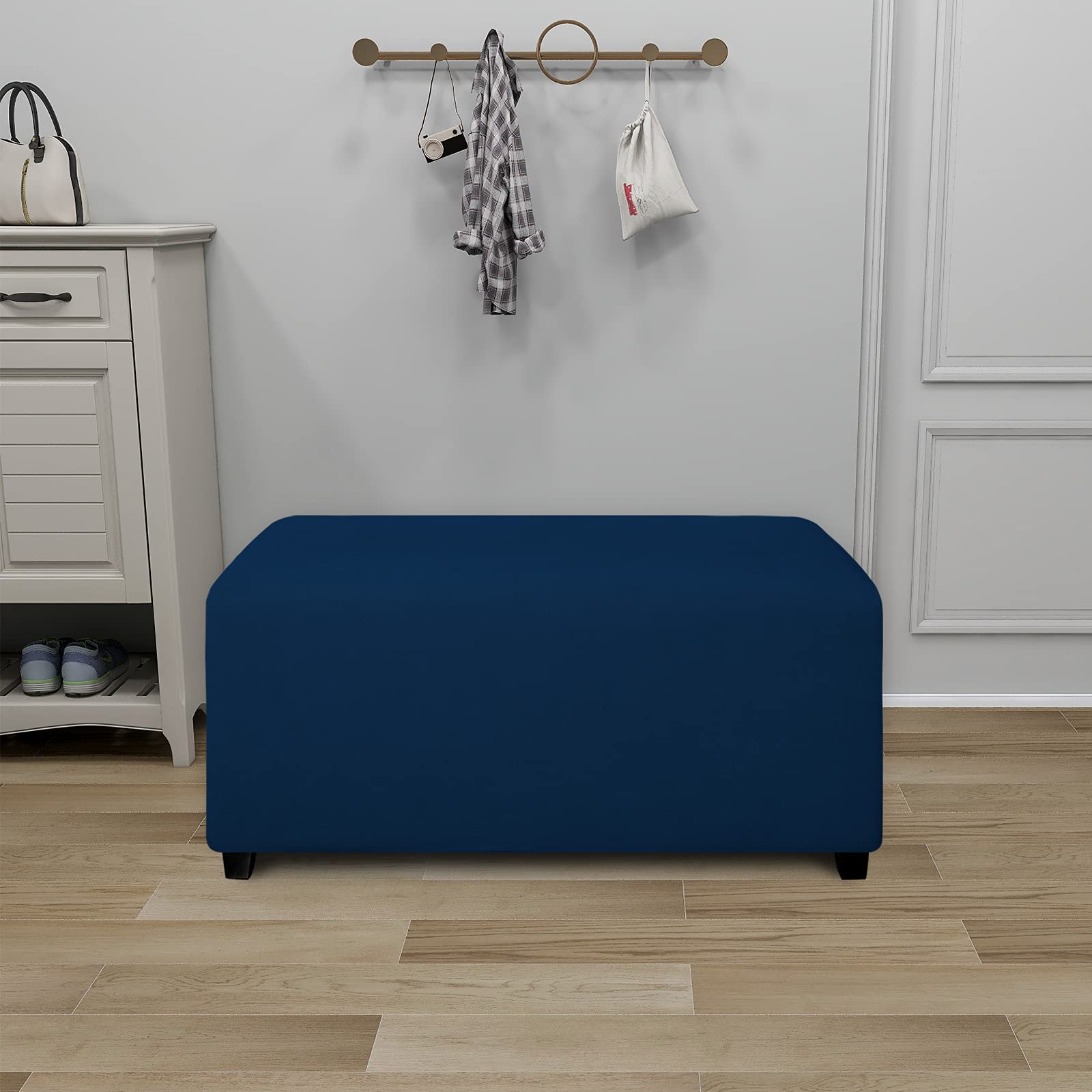 Purefit Super Stretch Soft Form Fit Ottoman Cover Rectangle - Ottoman Slipcovers For Foot Stool & Folding Storage Furniture For Living Room With Nonslip Elastic Bottom (Small, Navy)