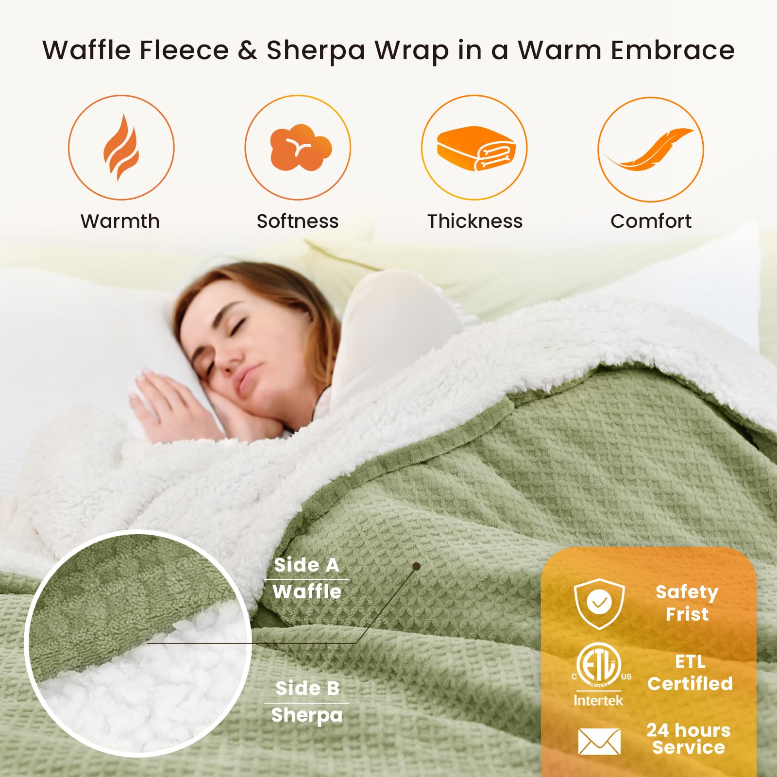 Blunique Heated Blanket Electric Blanket King Waffle, 90X100 Inches Dual Controllers Sherpa Fleece Fast Heating Blanket 6 Heatin