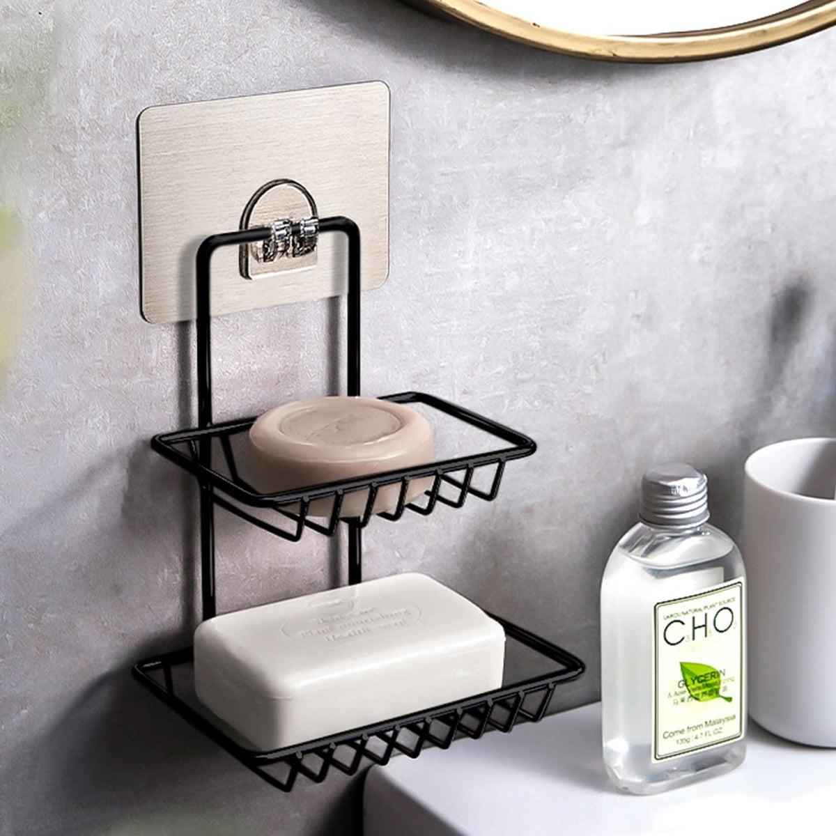 MOXLY Soap Holder Wall Mounted for Bathroom and Kitchen Sink Double Layer Mild Steel Self Adhesive Drain Design Space Saving Sto