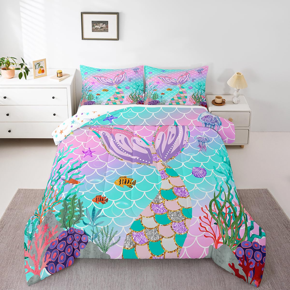 Erosebridal Mermaid Tail Comforter Set,Kids Fish Scales Duvet Stuffing Full,Girly Rainbow Bedding Set Ocean Life Sea Animal Bed Quilt Teal Sequins Pastel Pink Paillette Bedroom Decor,Multicolor