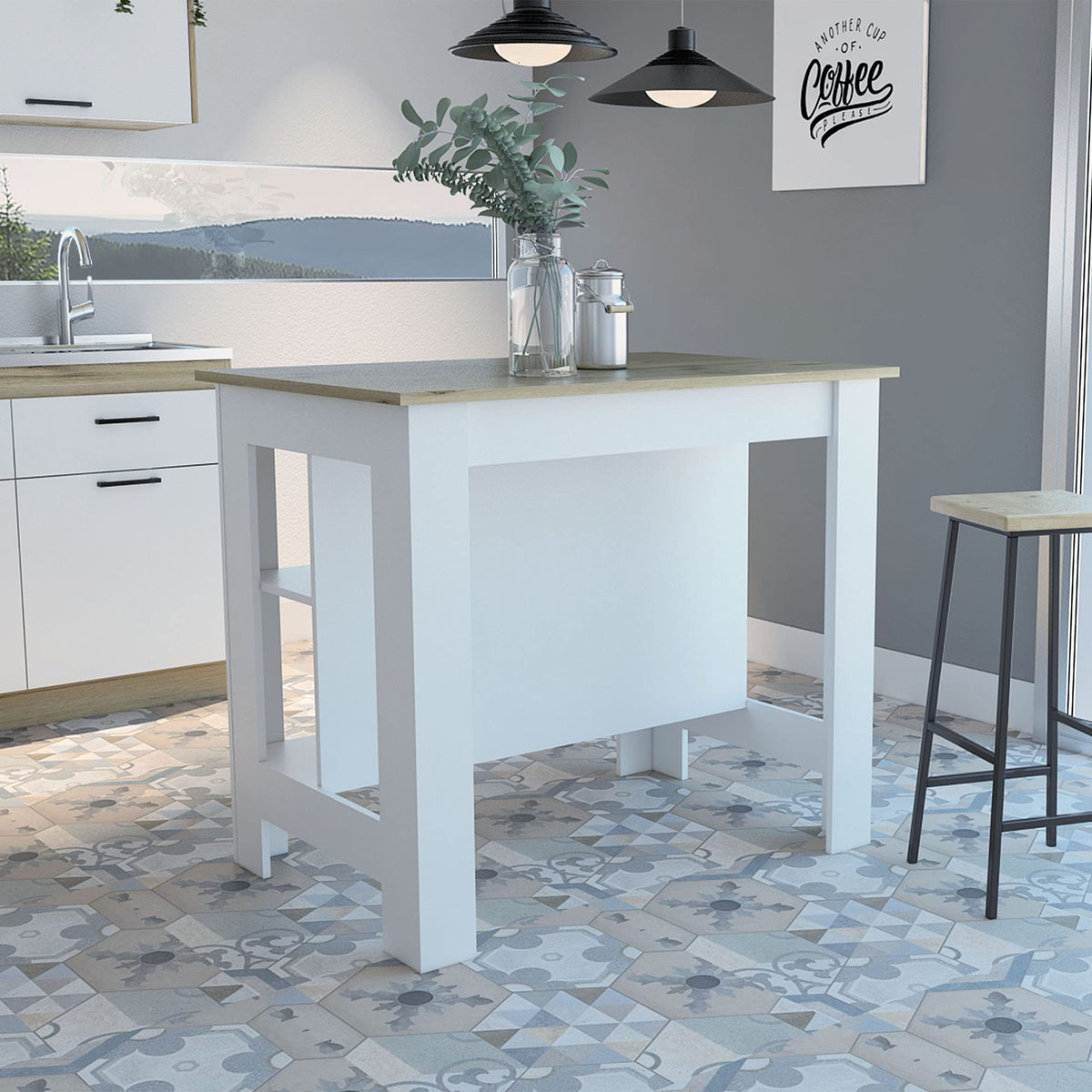 HomeRoots White - Light Oak Modern White and Light Oak Kitchen Island