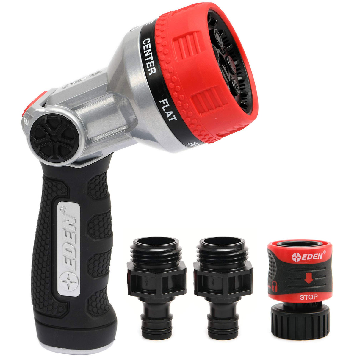 Eden 94805 Metal Thumb Control Heavy Duty Multi-Purpose 7-In-1 Spray Garden Nozzle | Hose Sprayer, 7-Pattern, W/Quick Connect St