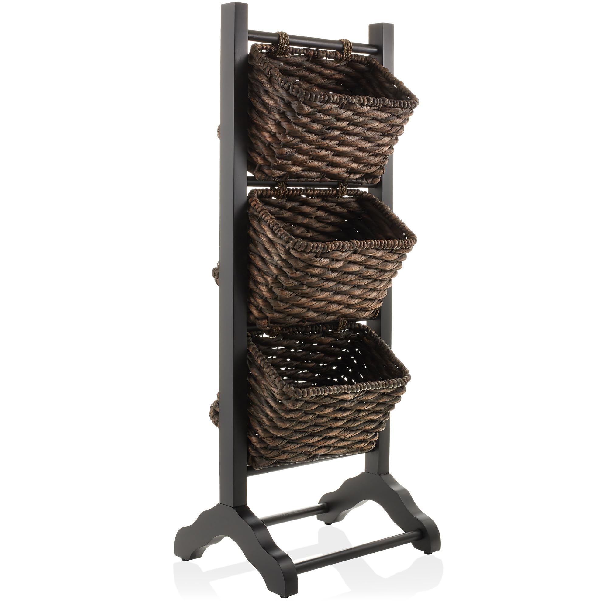 Casafield 3-Tier Floor Stand with Water Hyacinth Storage Baskets, Black/Espresso - Standing Organizer Rack for Bathroom, Kitchen
