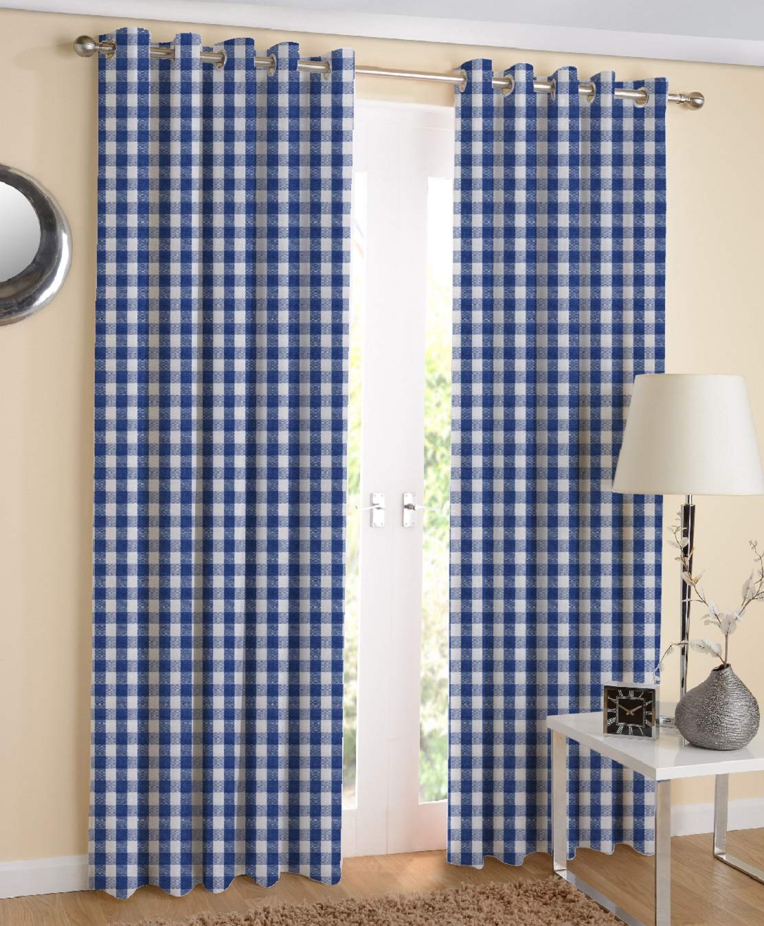 AIRWILL, Cotton Gingham Check Blue Designed Eyelet Door Curtains Pack of 2 Pieces (4 x 9 ft (Blue))