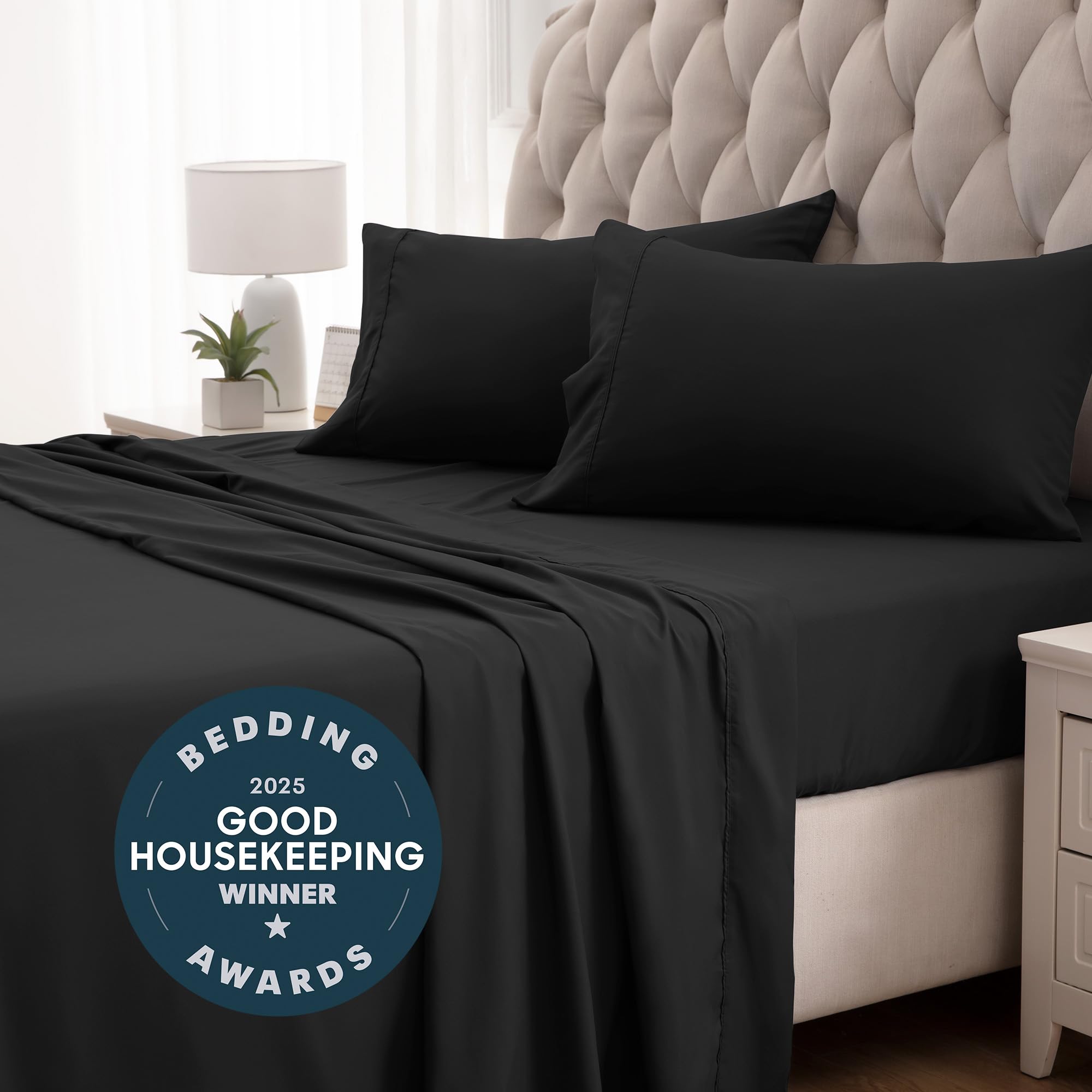 Sleep Zone Nanotex Super Soft Cooling Full Size Bed Sheets Set 4 Piece - Easy Care Fitted Flat Sheet & Pillowcase Sets - Wrinkle Free, Fade Resistant, Deep Pocket 16' (Black, Full)