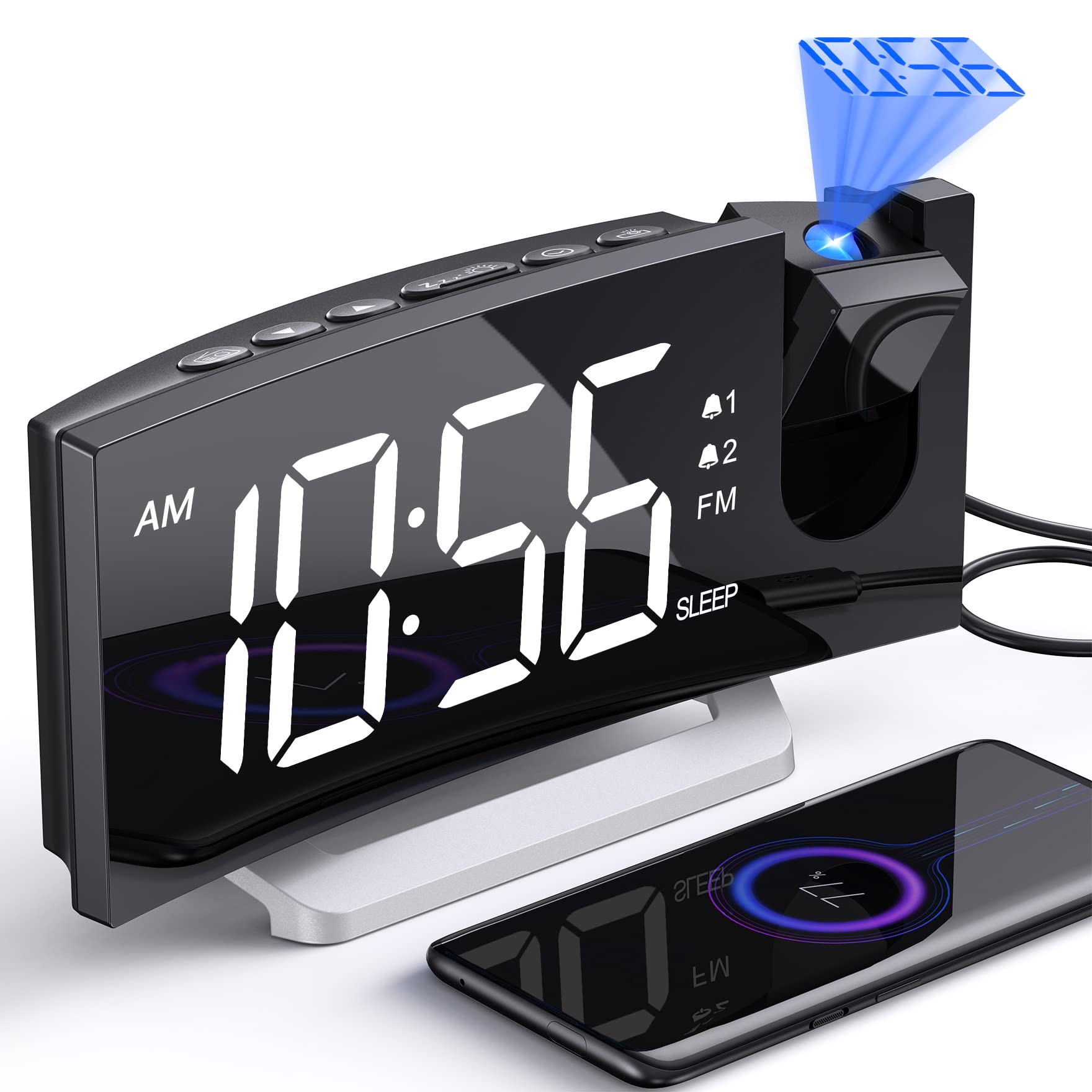 Projection Alarm Clock with FM Radio, USB Charging Port, 0-100% Dimmer, Dual Alarms, HD LED Display, 30 Preset Stations, Sleep T