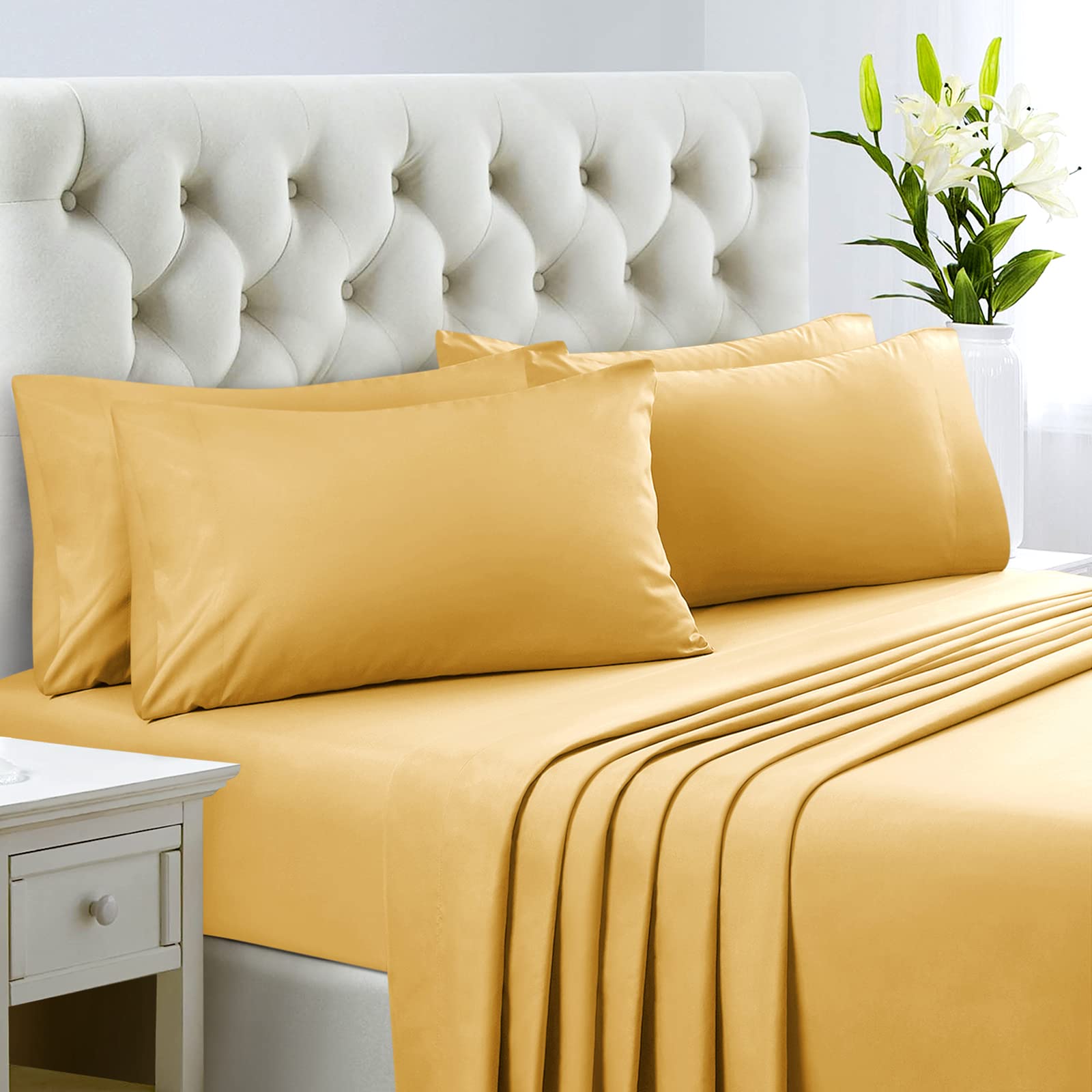Homeideas Full Size Bed Sheets - 6 Piece Set (Gold) - Extra Soft Brushed Microfiber 1800 Bedding Sheets, Deep Pocket, Wrinkle & Fade Free
