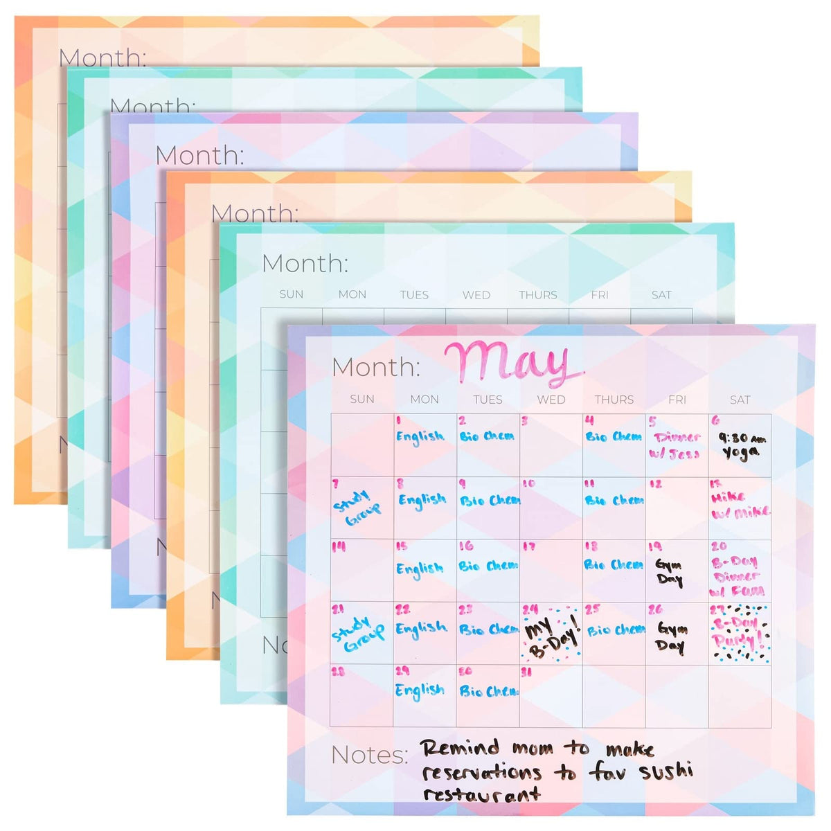 Paper Junkie 6-Pack Undated Monthly Adhesive Peel And Stick Calendar, Dry Erase Reusable Calendar For Wall, Home Office Schedule