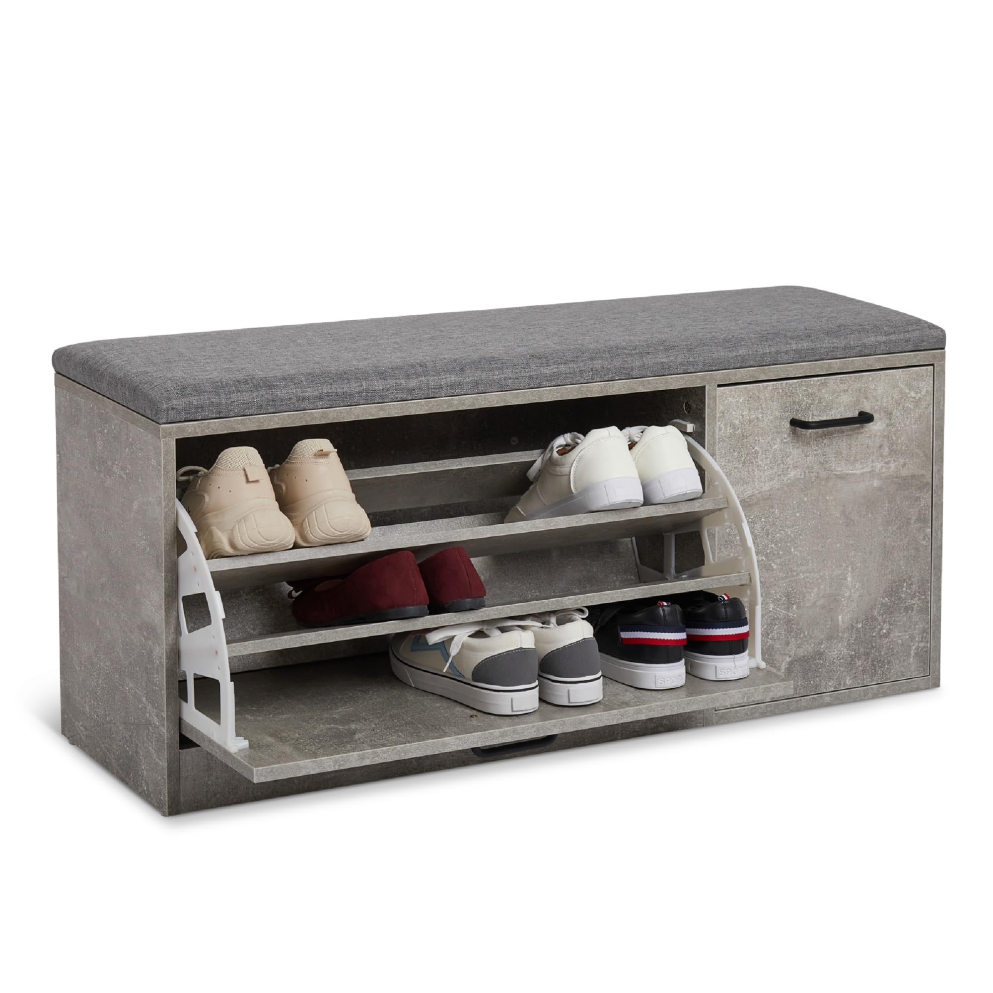 Mondeer Shoe Storage Bench, With Seat Cushion Drawer And Door For Hallway Entryway Living Room Mudroom Wooden Modern Style 39.4 X 11.8 X 18.1 Inch (Grey)