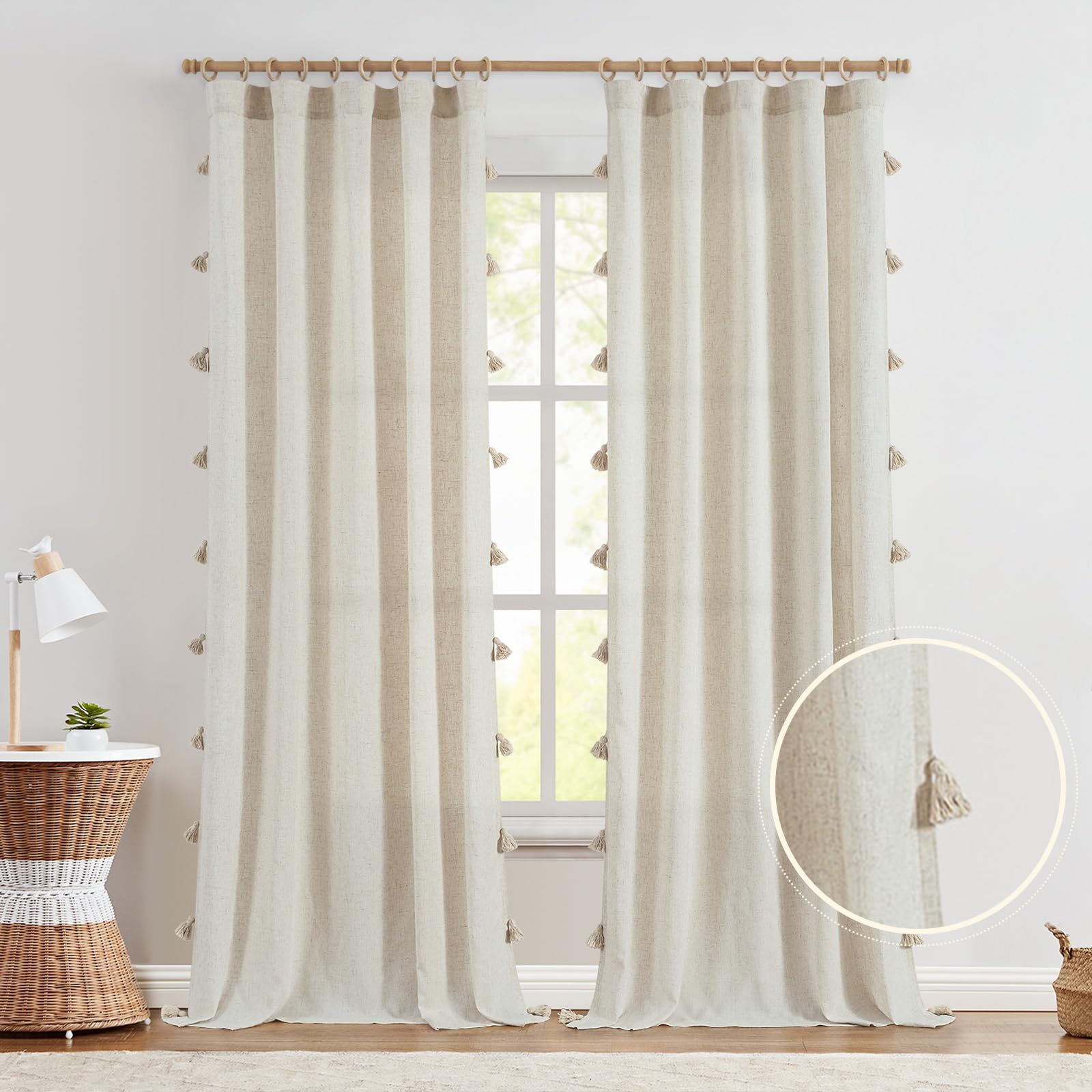 jinchan Linen Curtains with Tassels Curtains for Living Room 84 Inch Length Boho Curtains Rod Pocket Back Tab Pom Poms Linen Far