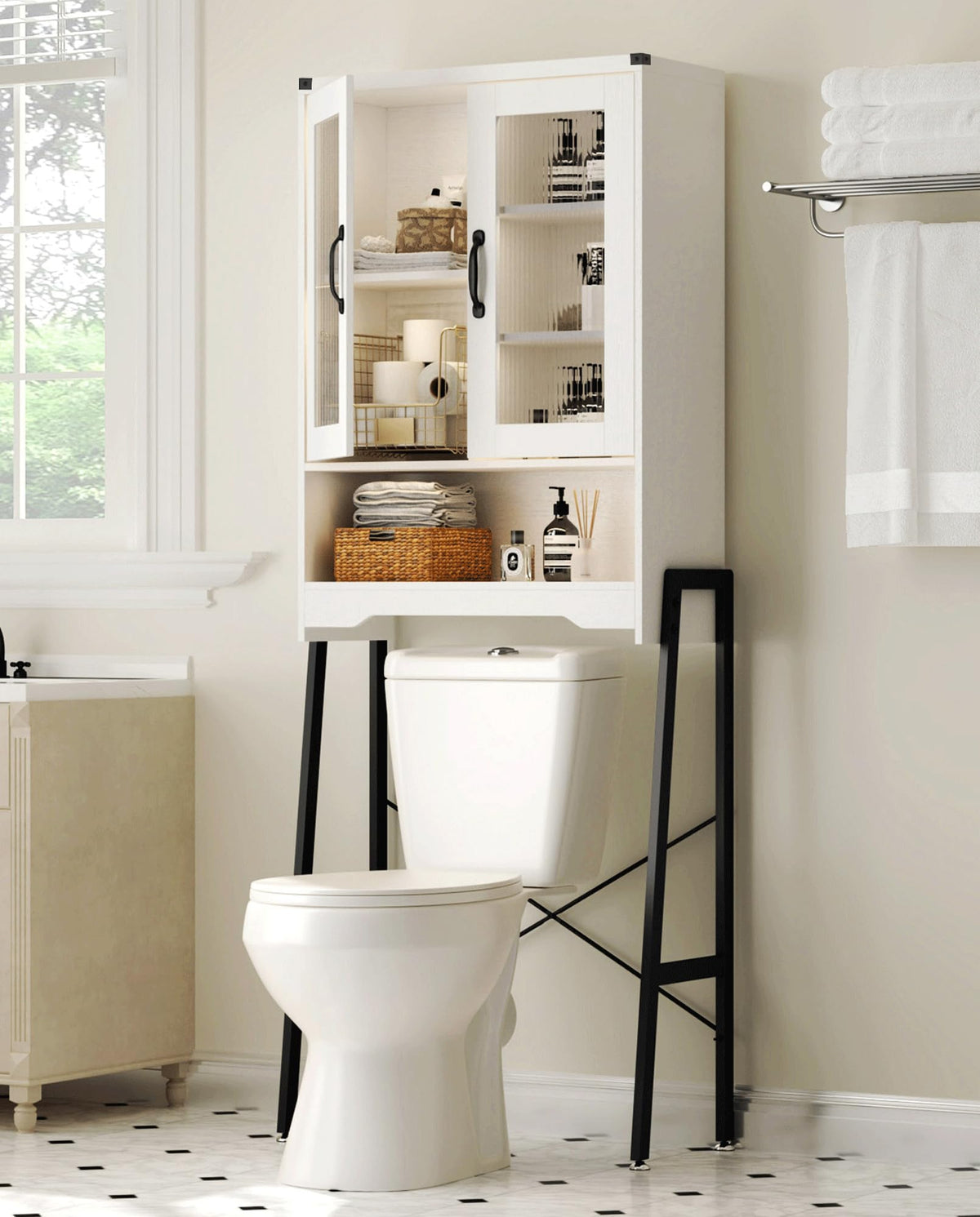 Over The Toilet Storage Cabinet With Tempered Glass Doors & Metal Stand, Over Toilet Organizer With Adjustable Shelf Space Saver
