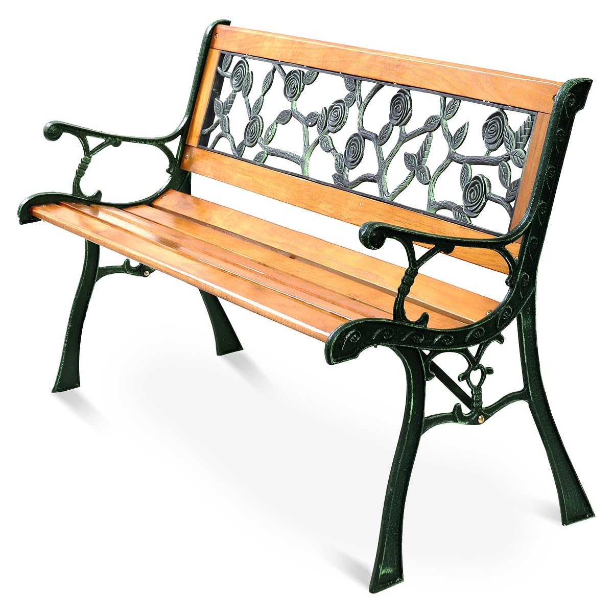 Giantex 50'' Patio Park Garden Bench, Outdoor Furniture Rose Cast Iron Hardwood Frame Porch Loveseat For 2 Person Outdoor Clearance