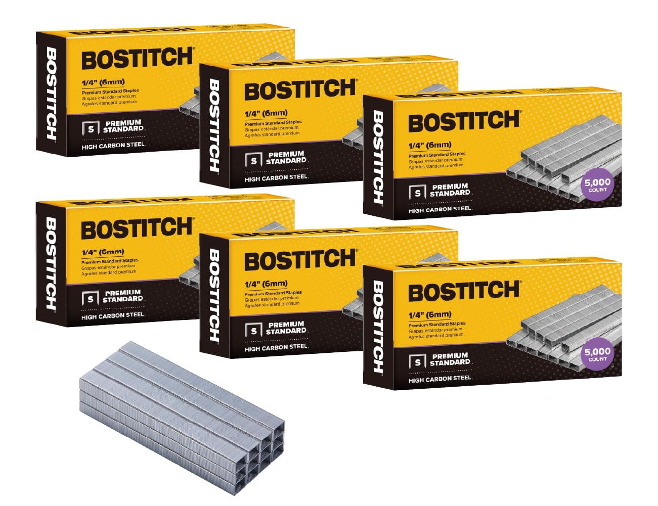 Bostitch Office 30,000 Standard Staples, 1/4' Length, Full Strip Staples, 210/Strip, 5000 Per Box, 6-Pack