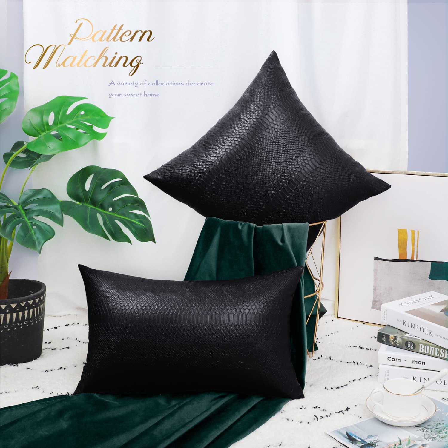 Brawarm Black Leather Throw Pillows 12 X 20 Inches, Snake Leather Pillow Covers Pack Of 2, Faux Leather Decorative Lumbar Pillow