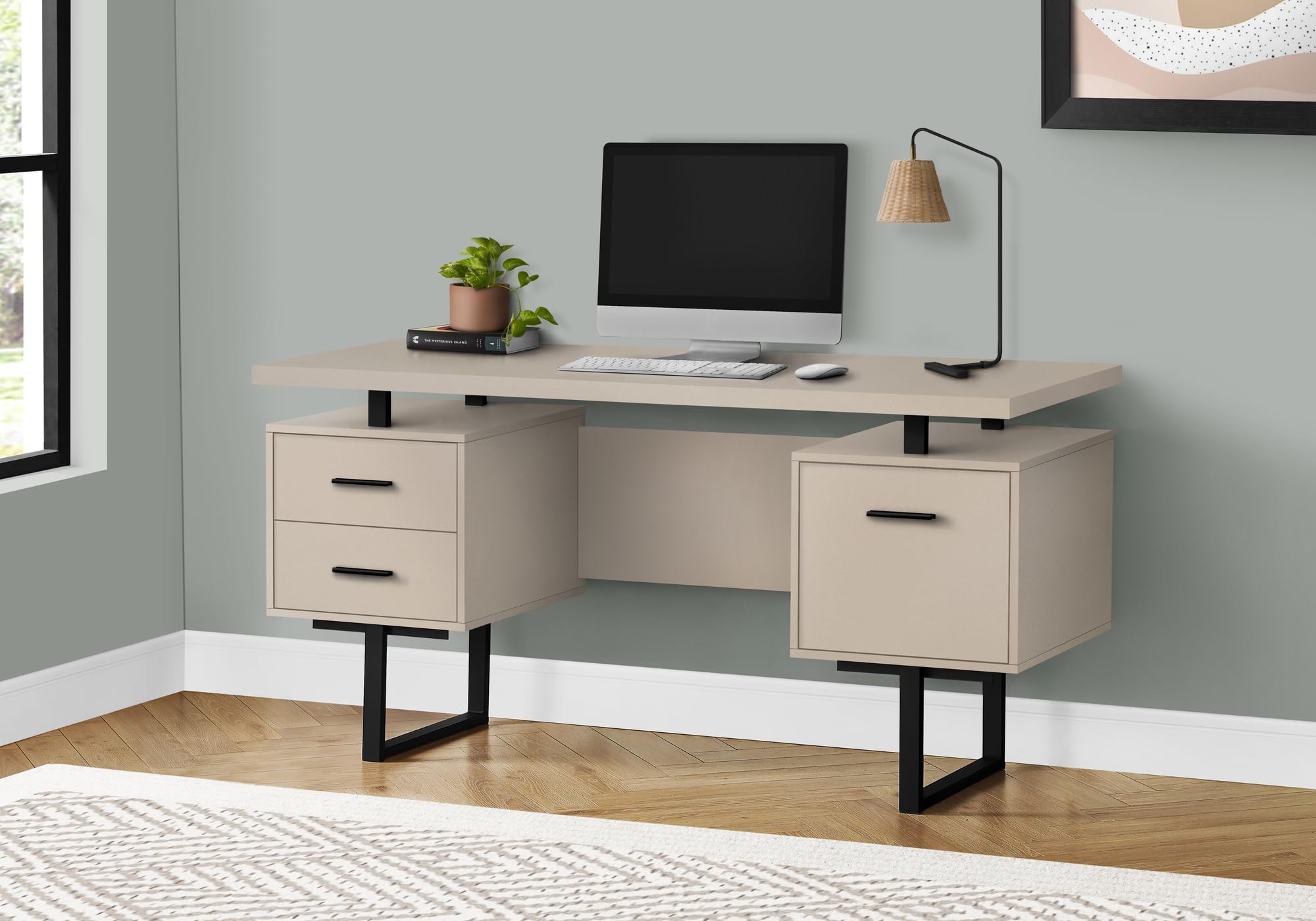 Monarch Specialties I 7629 Computer Desk, Home Office, Laptop, Left, Right Set-Up, Storage Drawers, 60&quot; L, Work, Metal, Laminate, Beige, Black, Contemporary