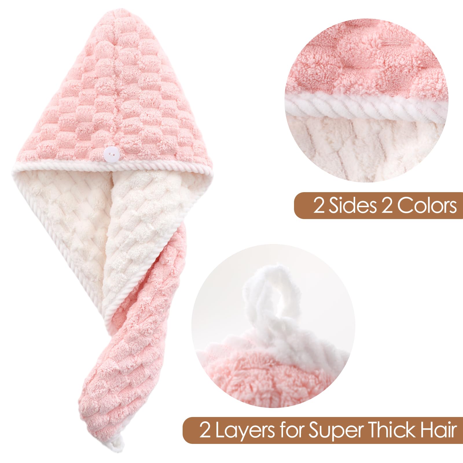 Jeffsun Microfiber Hair Drying Towel Wrap, 2-Layer Extra Thick Super Absorbent Hooded Hair Towel For Women Long Curly Frizzy Wet