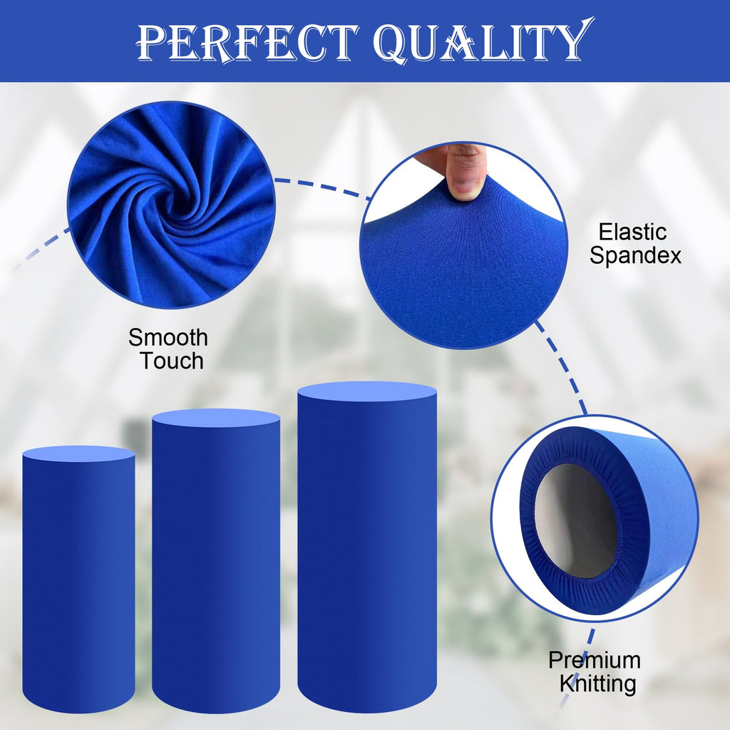 Saitimade Set Of 3 - Royal Blue Cylinder Pedestal Stand Covers, Flexible Cylinder Stand Covers For Party, Wedding Or Birthday Ev