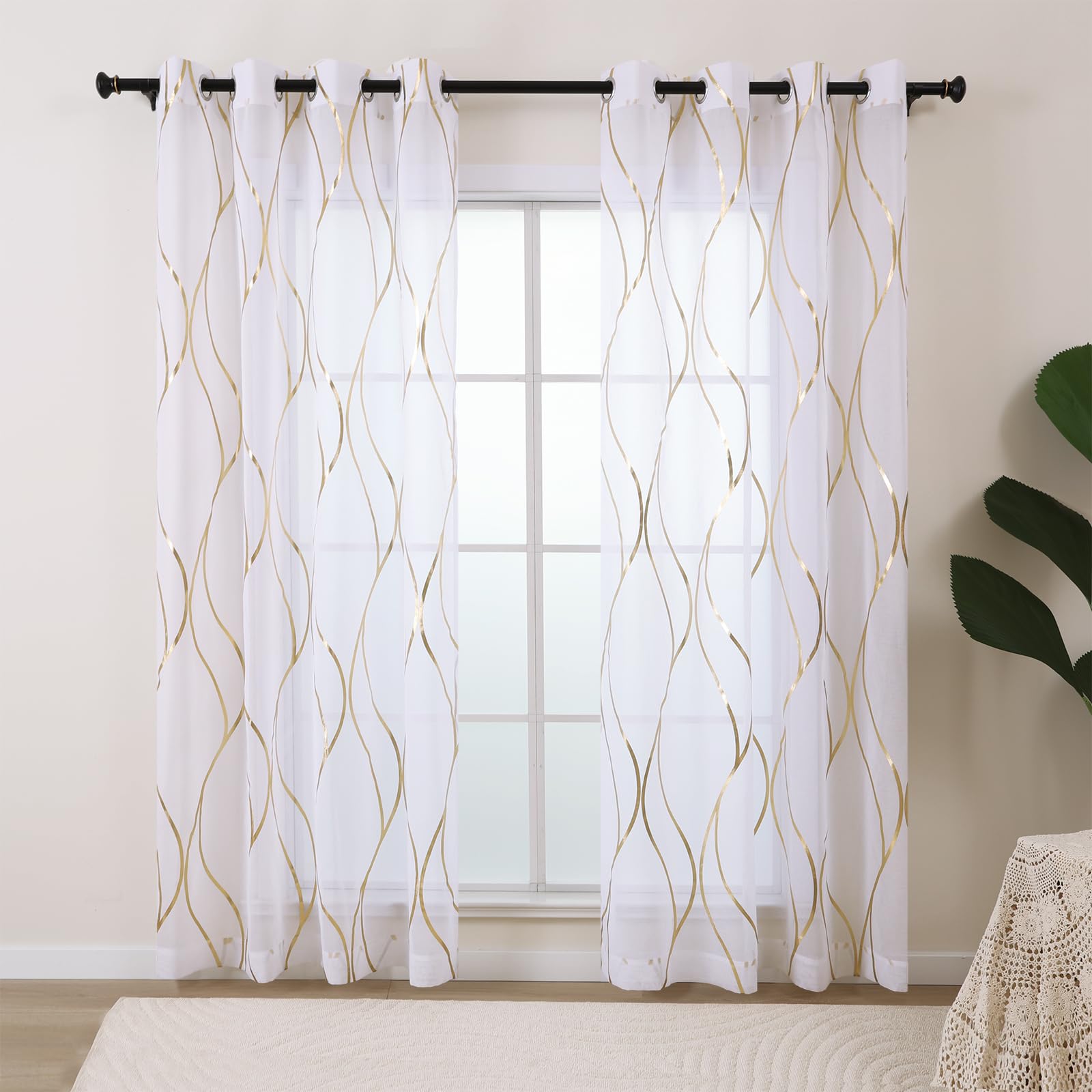 L.Z.E Gold White Sheer Curtains 108 Inches Long 2 Panels Set For Living Room Bedroom See Through Sheer Curtains & Drapes Grommet