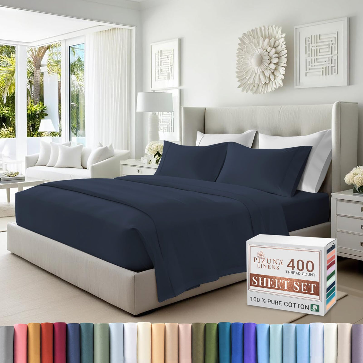 Pizuna Pure 100% Cotton Sheets Queen Size, Luxurious 400 Thread Count Long Staple Cotton Sateen Sheets Queen With 15Inch Deep Po