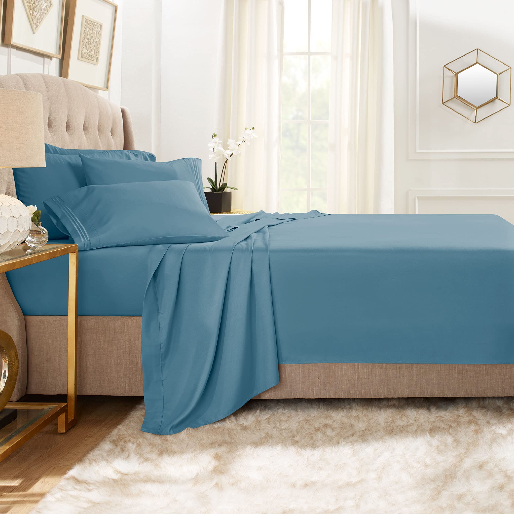 Clara Clark Queen Sheets, 6 Piece Set - Hotel Luxury Sheets For Queen Size Bed, Super Soft Bedding Sheets & Pillowcases, Queen Size Sheets, Blue Heaven