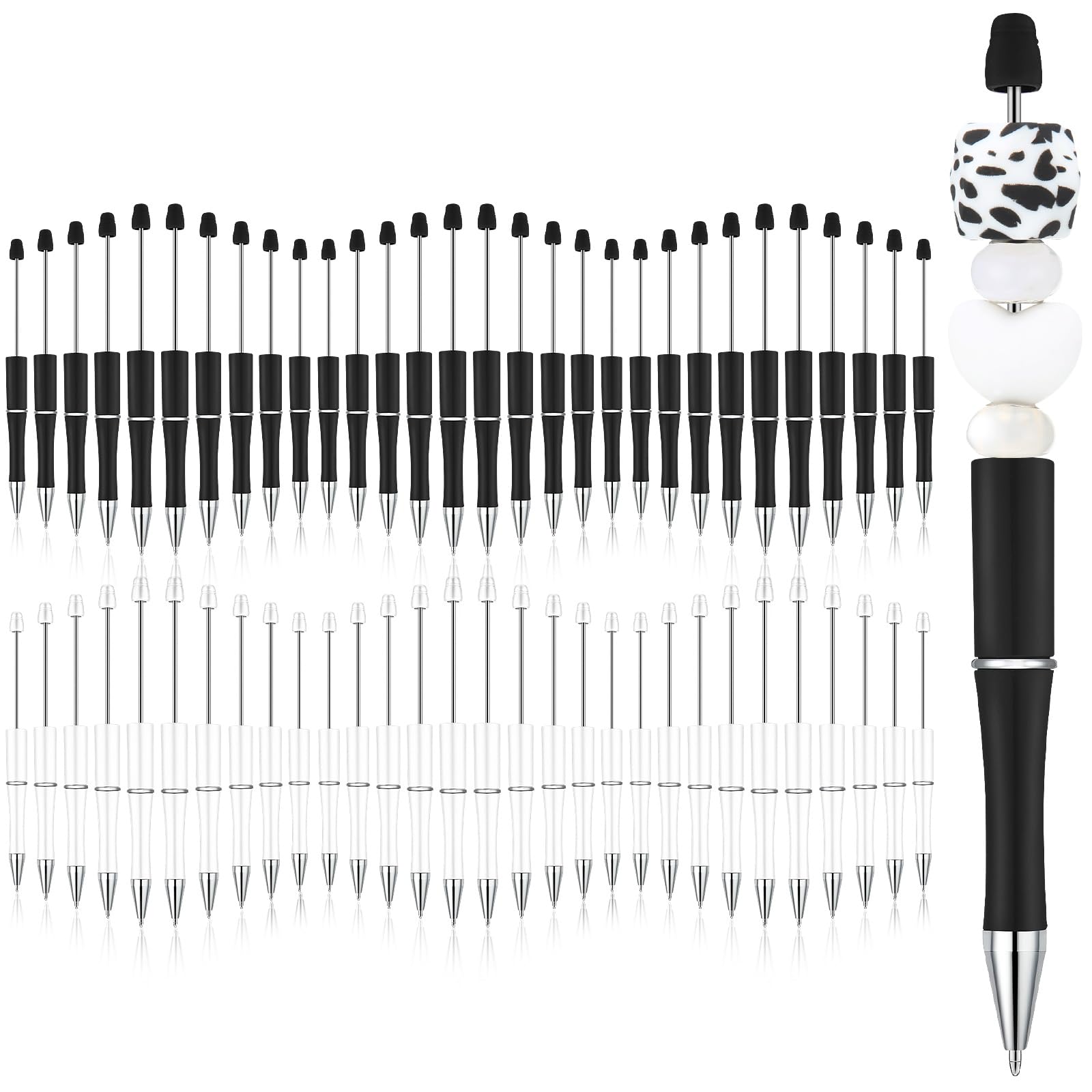 Kosiz 60 Pieces Plastic Beadable Pen Beaded Black Ink Ballpoint Pens For Kids Students Presents Office School Supplies(Black, Wh