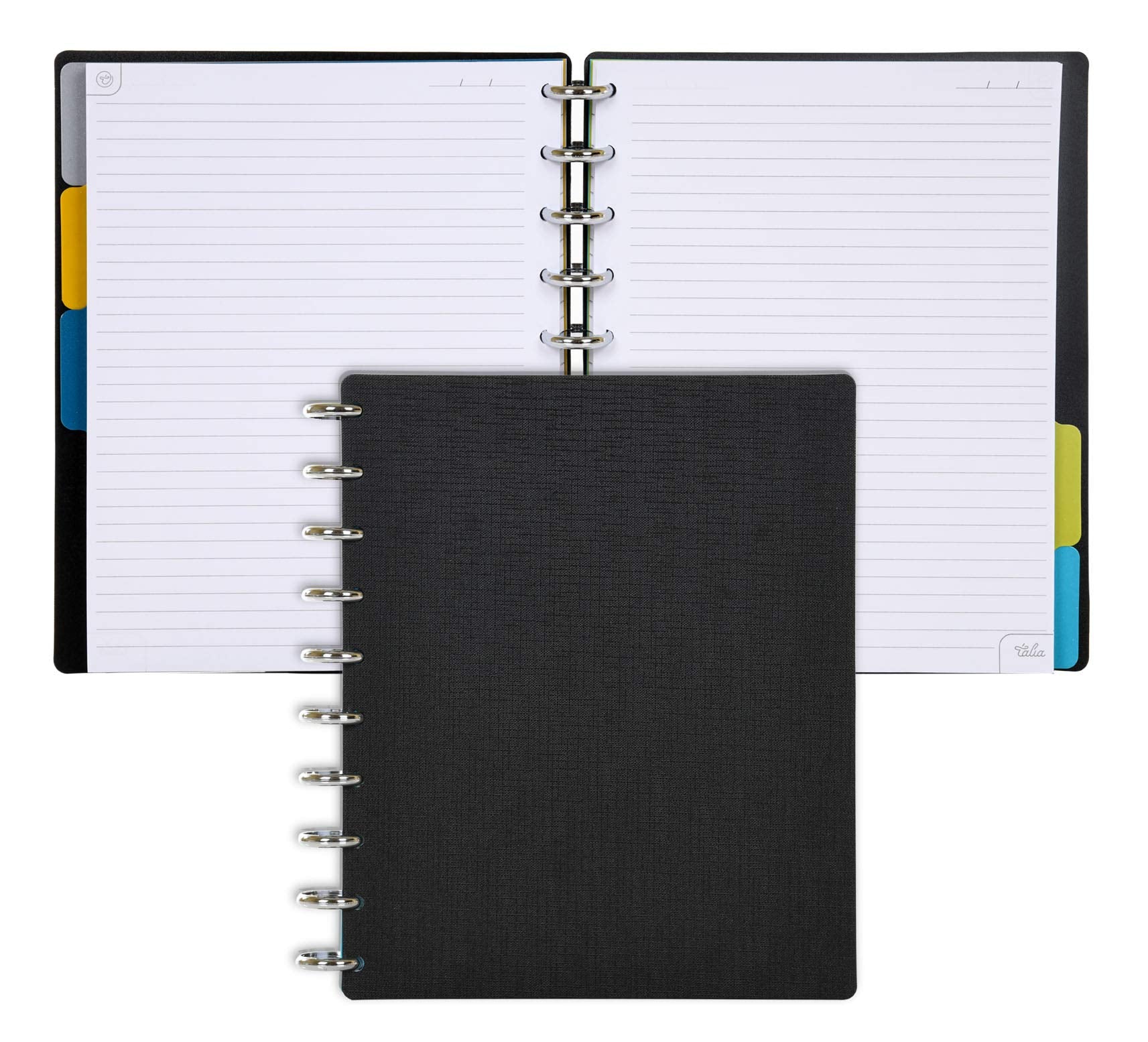 Talia Discbound Notebooks, Planner, Customizable, (Yblack W/Silver Discs, Midsize (7.5In X 9.75In))