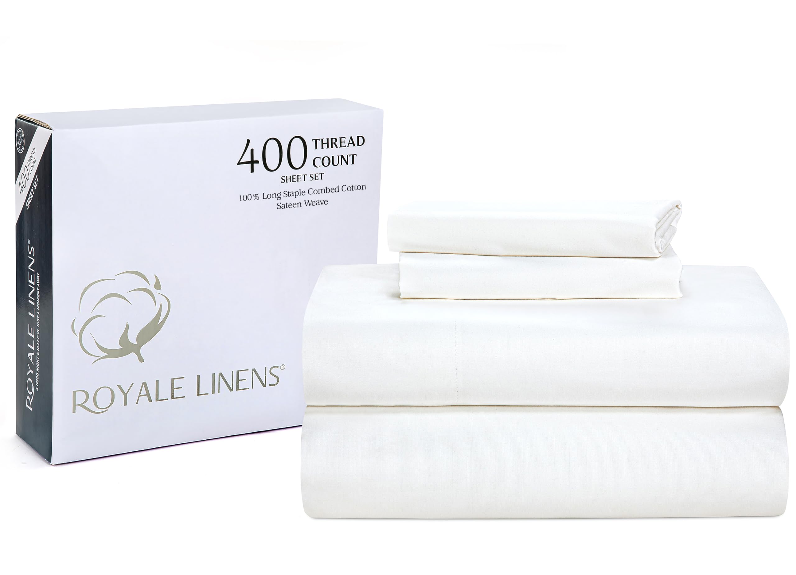 Royale Linens 400 Thread Count 100% American Grown Cotton 4 Piece Sateen Queen Sheet Set - 1 Fitted Sheet, 1 Flat Sheet, 2 Pillo