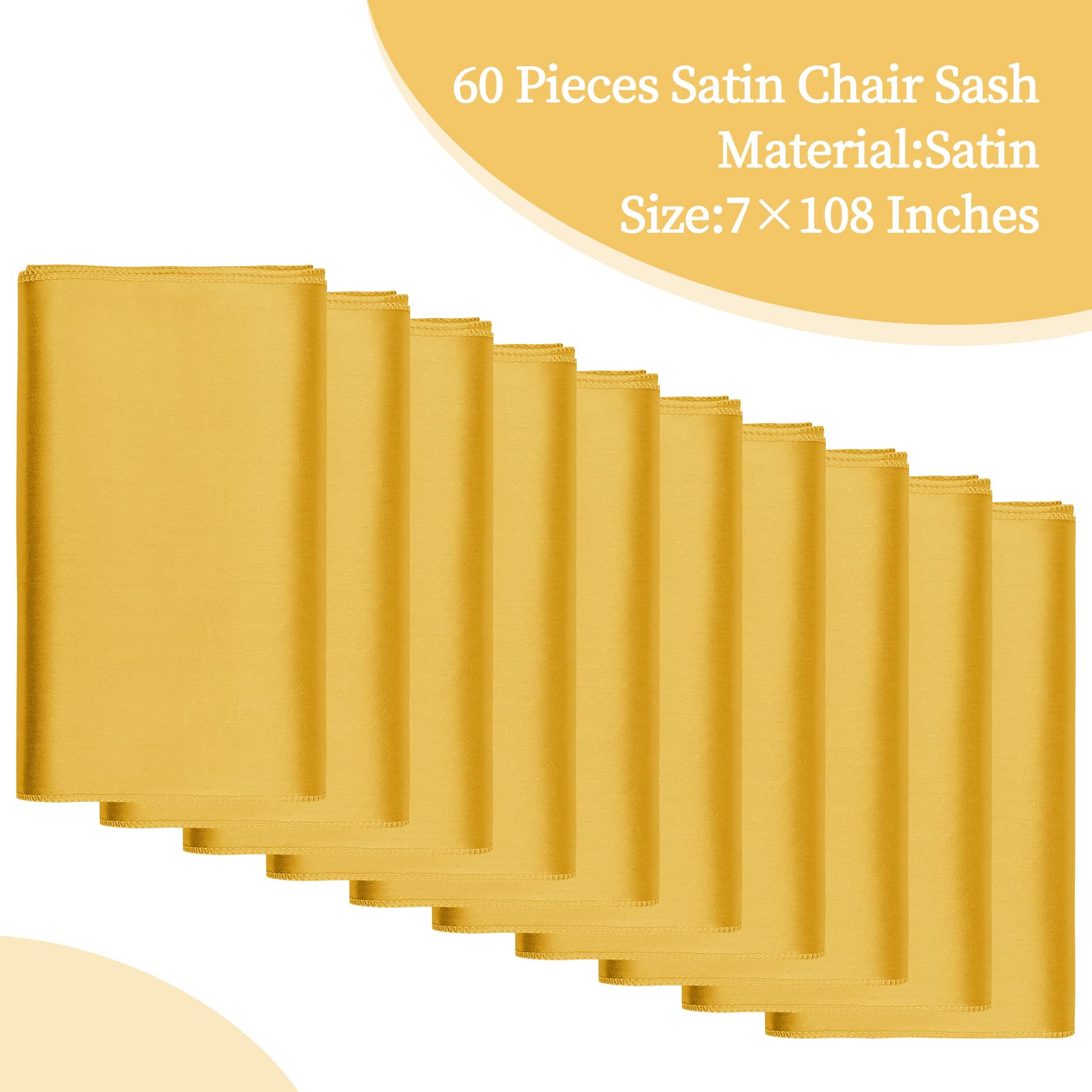 Fani 60 Pcs Gold Satin Chair Sashes Bows Universal Chair Cover For Wedding Reception Restaurant Event Decoration Banquet,Party,Hotel Event Decorations (7 X 108 Inch)
