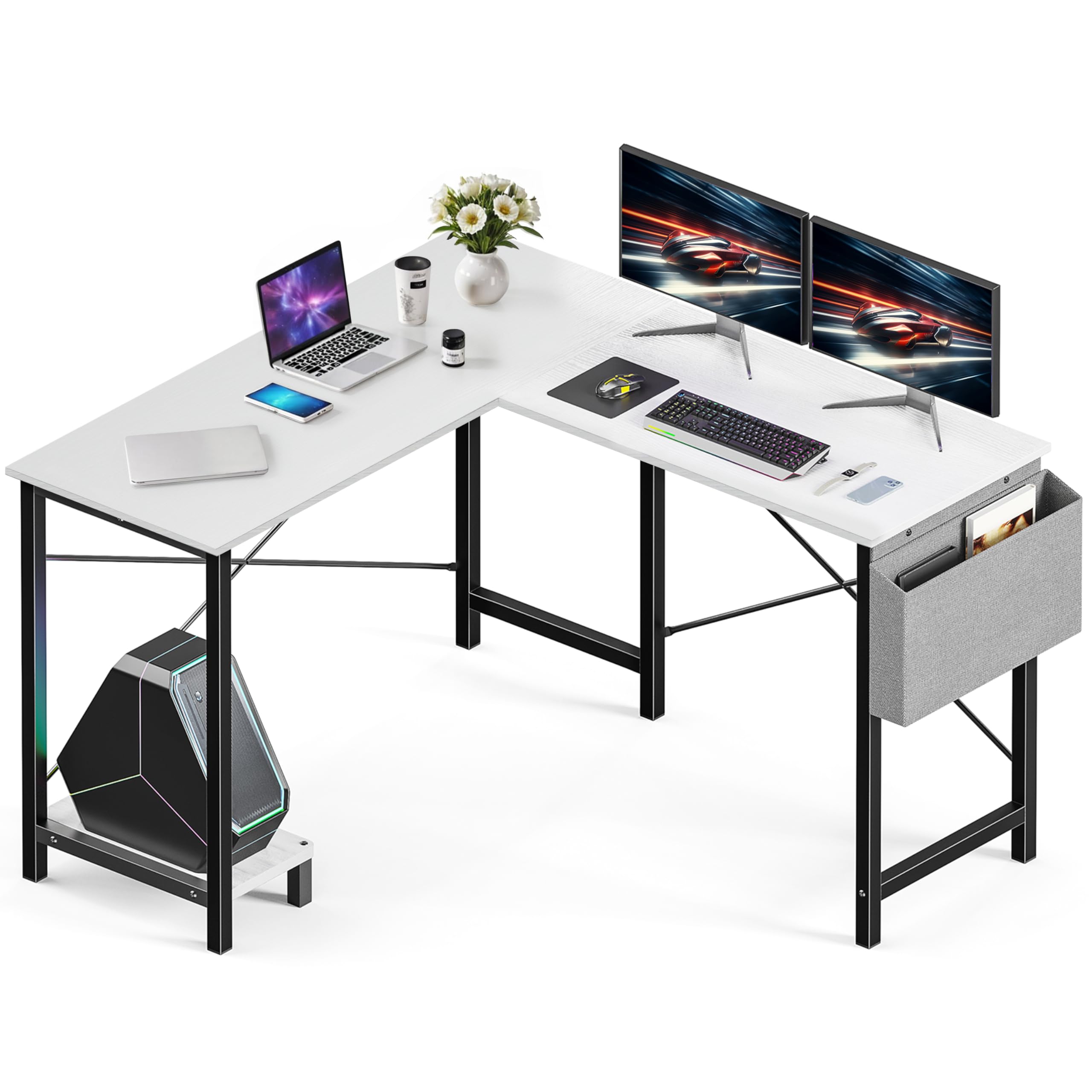 50 Inches L Shaped Home Office Computer Desk Reversible Corner Table PC with Wood Tabletop Metal Frame CPU Stand Side Bag for Ga