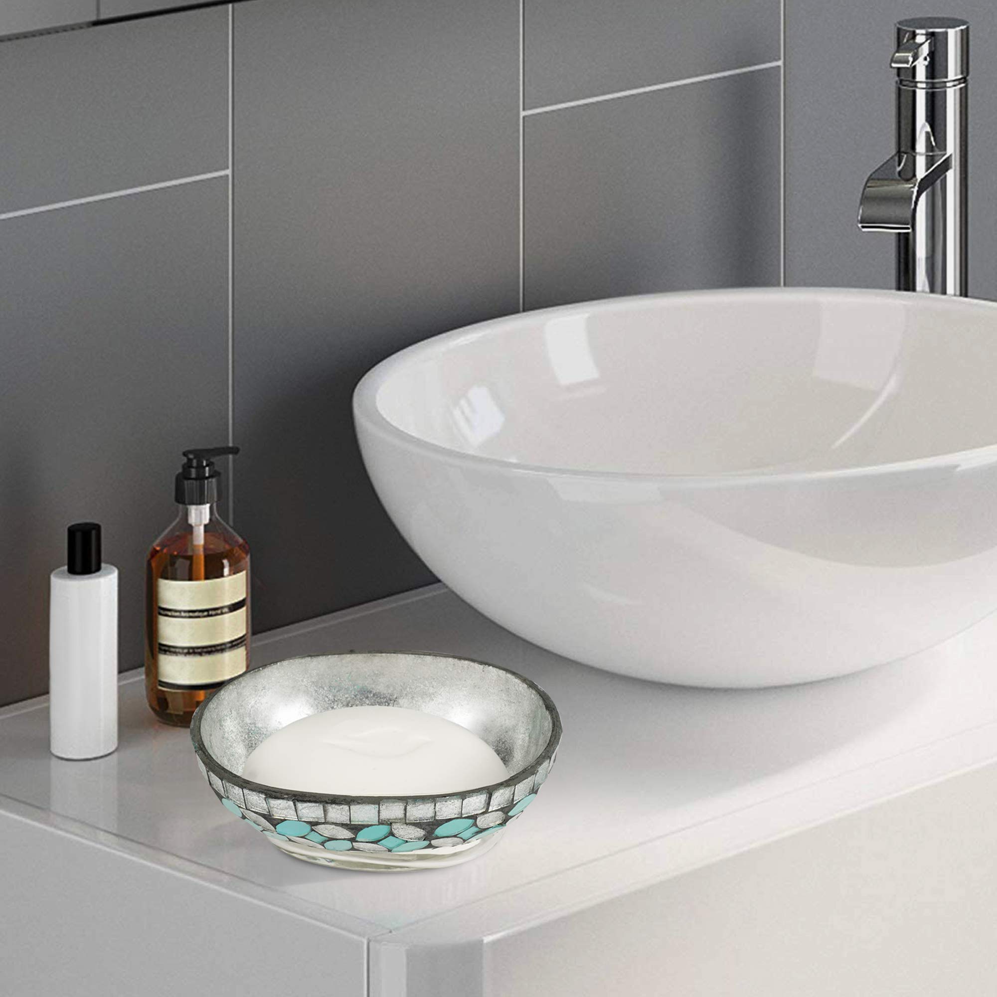 Nu Steel Sea Foam Soap Bar Dish In Aqua Blue/Silver Glass Mosaic/ Stainless Steel For Bathrooms & Vanity Spaces