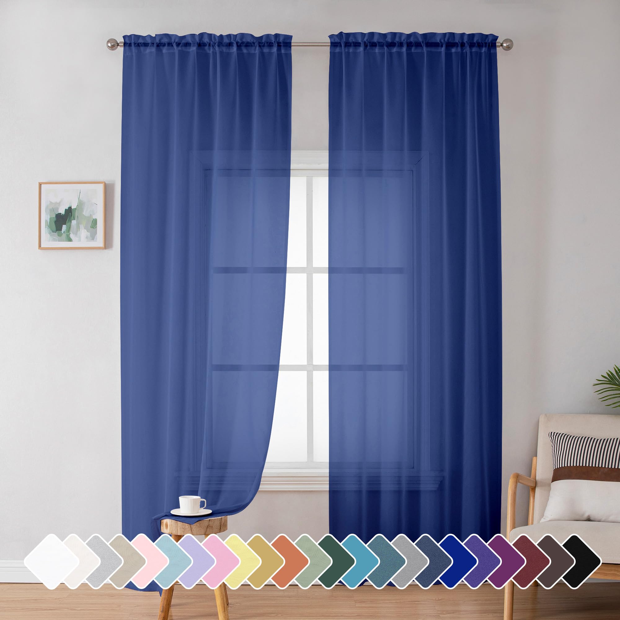 Simplebrand Royal Blue Sheer Curtains 72 Inches Long 2 Panels For Living Room, Rod Pockets Airy Window Treatments Voile Sheer Cu