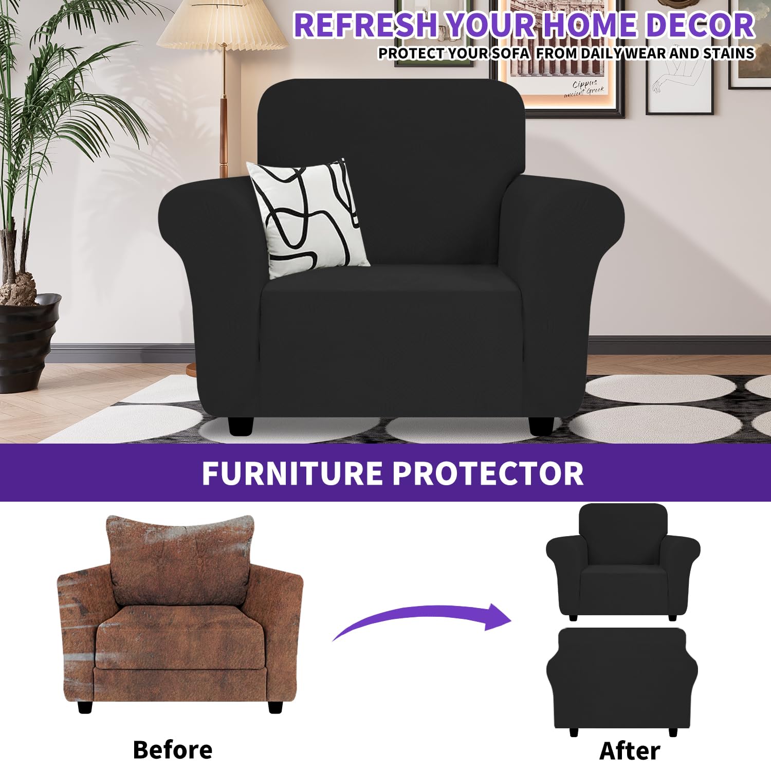 Znsayotx Chair Cover With Arms (31'-46'), New Striped Sofa Chair Covers For Living Room, Dogs Pet Friendly Anti-Slip Chair Protector Spandex Armchair Slipcovers (Black, Chair)