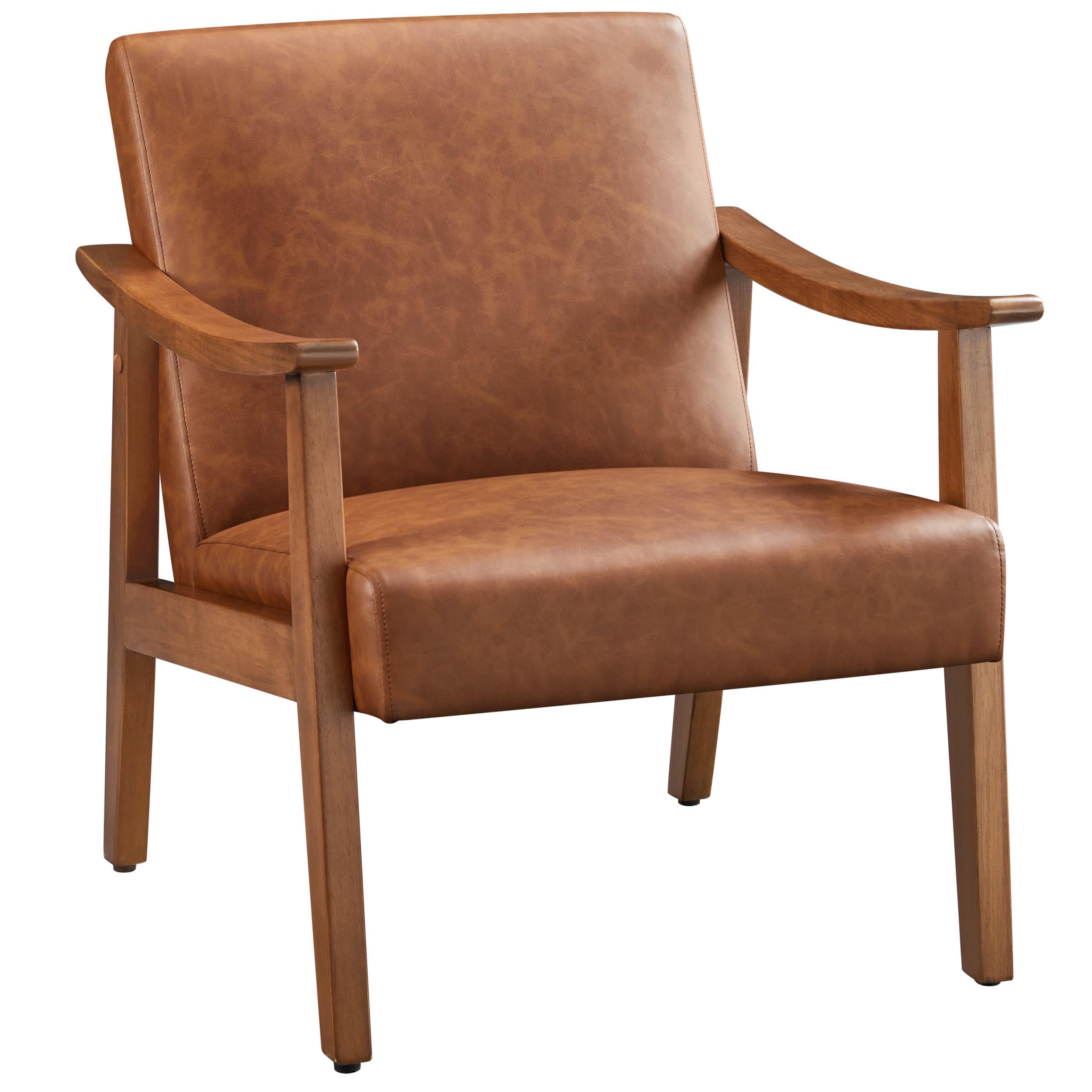 Yaheetech PU Leather Accent Chair, Mid-Century Modern Armchair with Solid Wood Legs, Reading Leisure Chair with High Back for Li