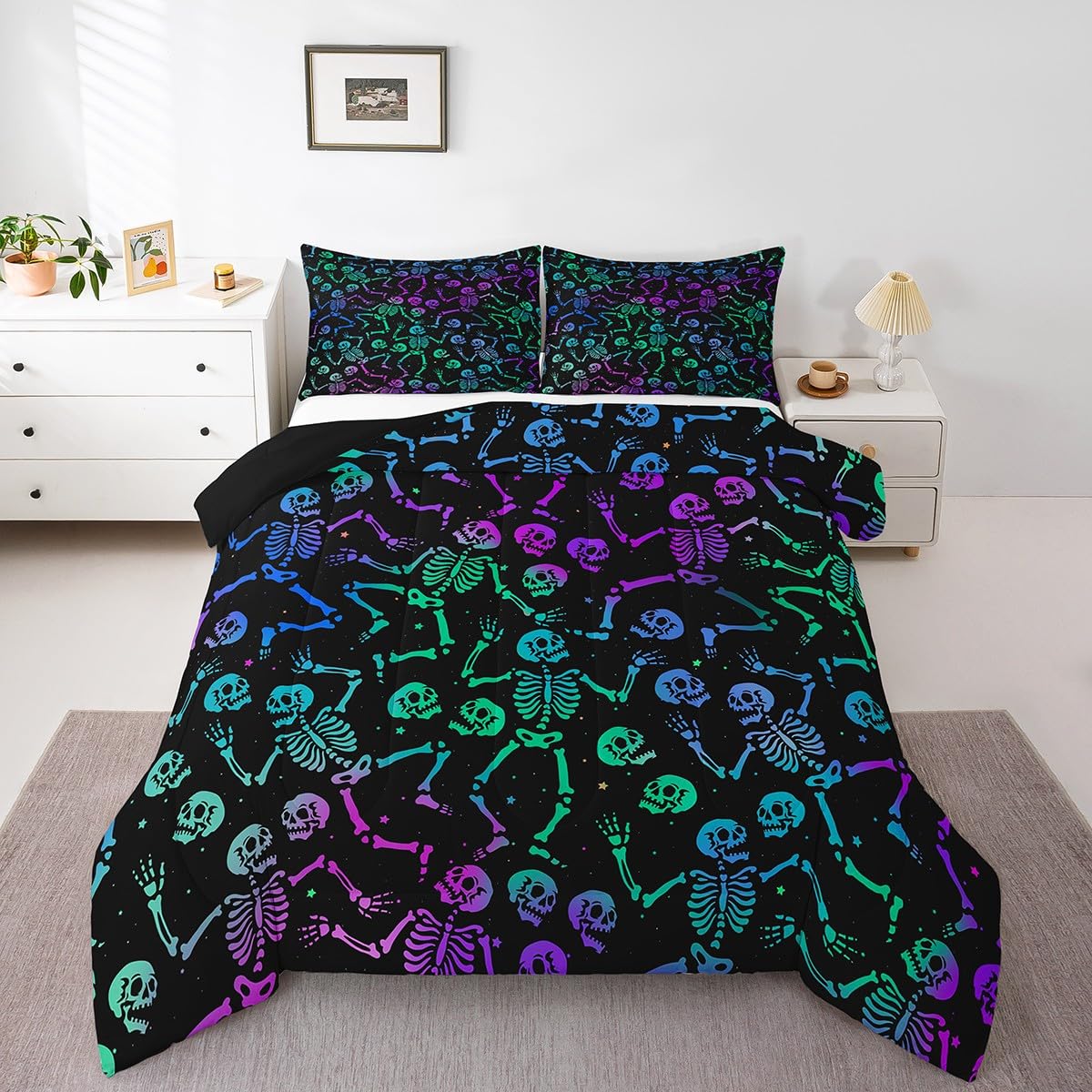Erosebridal Sugar Skull Comforter Set Halloween Bedding Set King Size Green Blue Purple Ombre Down Comforter for Kids Boys Girls
