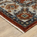 HomeRoots 508021 6 x 9 ft. Red Blue Ivory Gold & Navy Oriental Power Loom Stain Resistant Rectangle Area Rug with Fringe