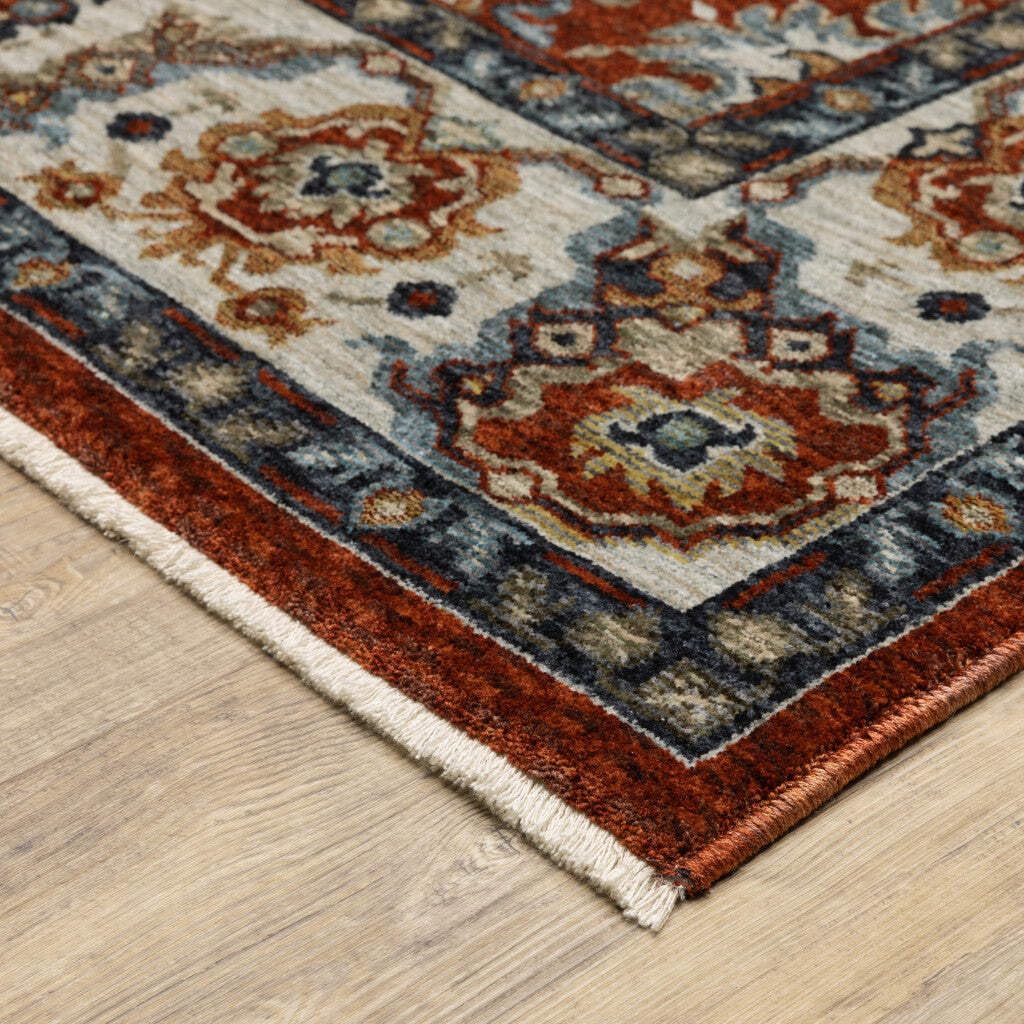 HomeRoots 508023 10 x 13 ft. Red Blue Ivory Gold & Navy Oriental Power Loom Stain Resistant Rectangle Area Rug with Fringe