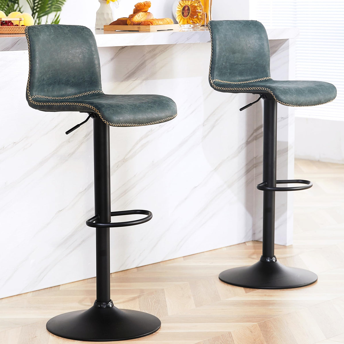 Heugah Swivel Bar Stools Set Of 2, Counter Height Bar Stools With Back, Adjustable Bar Stools 24' To 32', Deep Teal Faux Leather Bar Stools For Kitchen Island (Deep Teal, Set Of 2 (24'' To 32''))