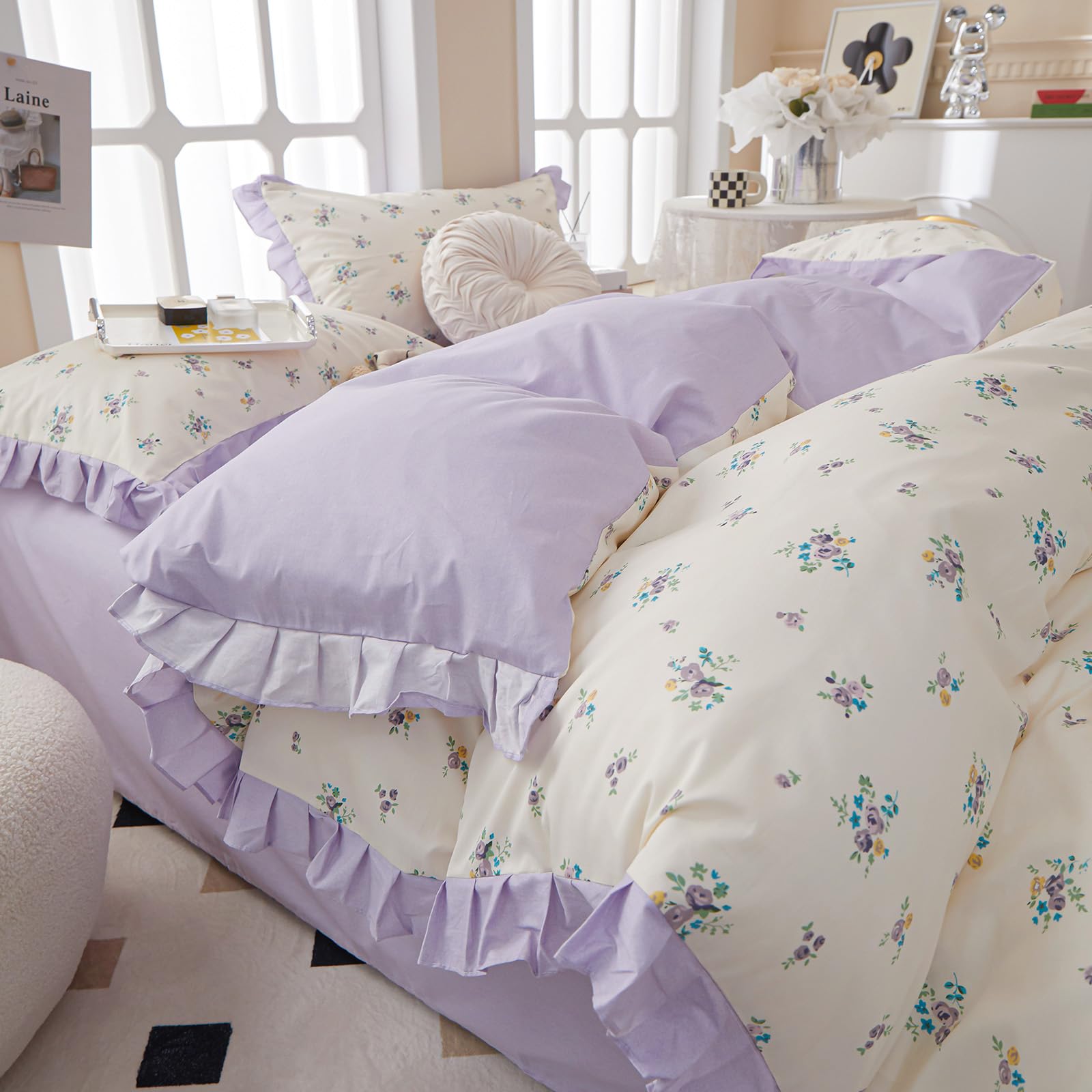 Lace Floral Duvet Cover Twin Cotton Purple Flower Duvet Cover 3 Pieces Girls Floral Comforter Cover Garden Style Princess Beddin