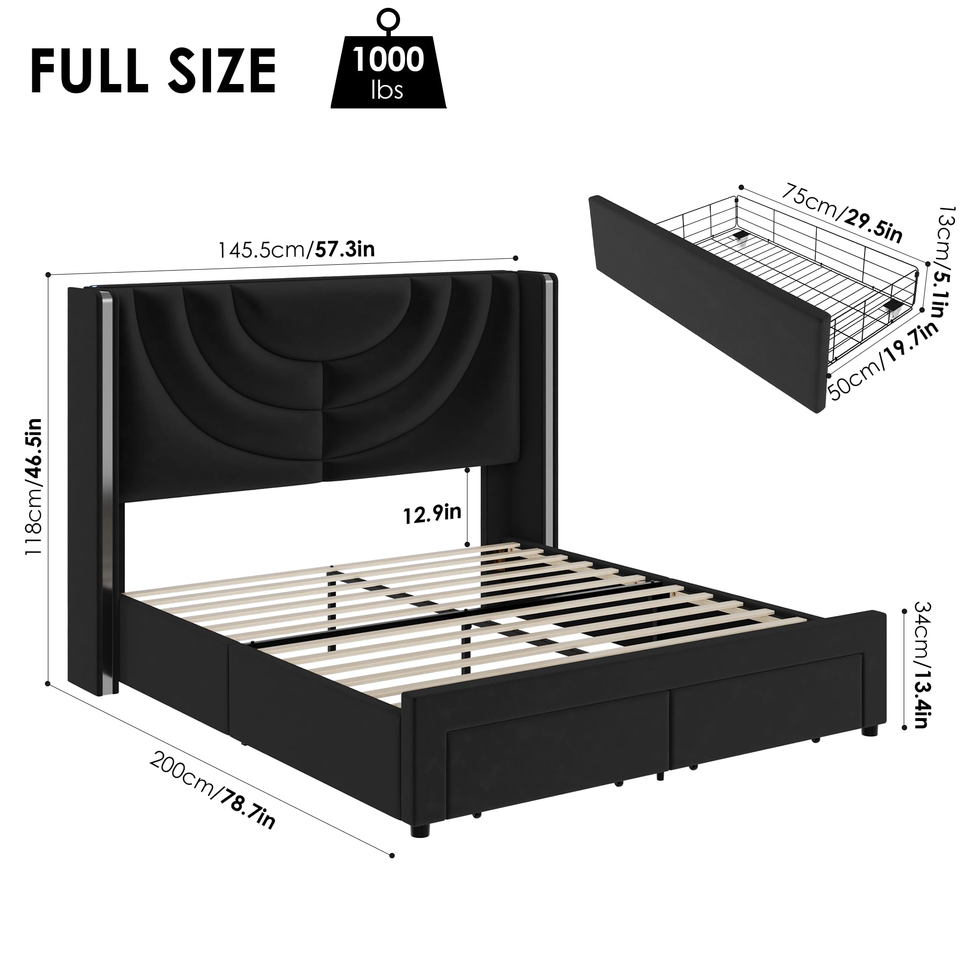 HITHOS Full Black Velvet Upholstered LED Bed Frame with 2 Storage Drawers & Wingback Headboard, No Box Spring Needed