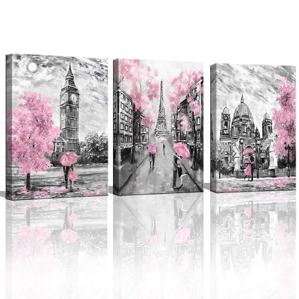 CANVASZON Black and White Canvas Wall Art for Living Room Bedroom Bathroom Girls Pink Paris Theme Room Decor Oil Painting Print 