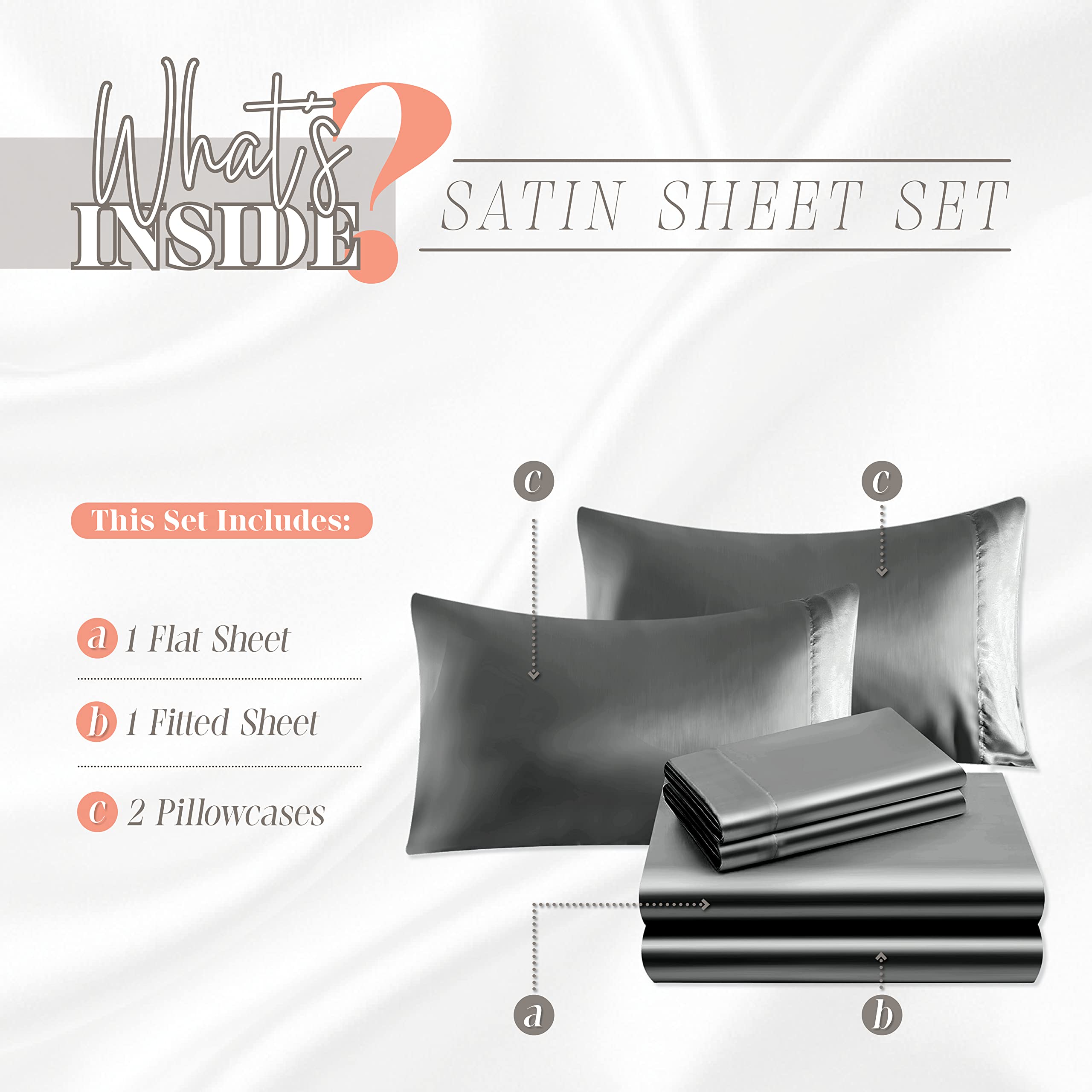 Elegant Comfort Luxurious 4-Piece Silky Satin Sheet Set, Skin And Hair Friendly, Wrinkle, Fade, Stain Resistant With Deep Pockets Fitted Sheet, Cooling Soft Satin Sheet Set, Cali King, Gray