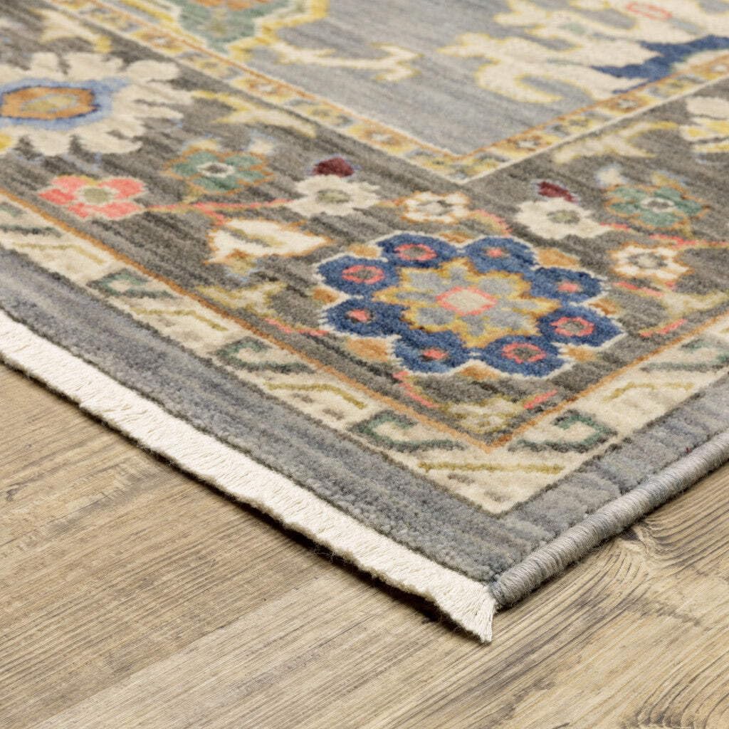 HomeRoots 509350 8 x 11 ft. Blue Gray Gold Green Pink Orange Ivory & Red Oriental Power Loom Stain Resistant Rectangle Area Rug with Fringe