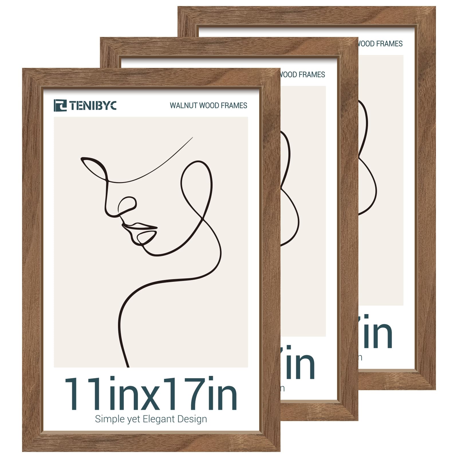 TENIBYC 11x17 Walnut Poster Frame 3 Pack with HD Glass - Natural Brown, Solid Wood Picture Frame, Wall Gallery Frame