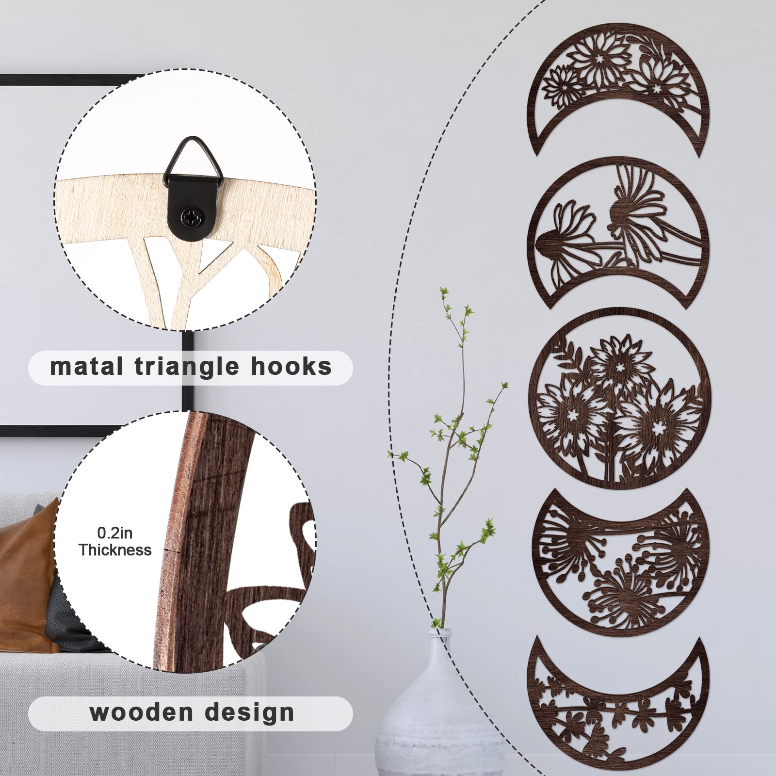 Jetec 5 Pieces Moon Phase Wall Decor Boho Hanging Moon Phase Nordic Wood Wall Art For Living Room Bedroom Home Wall Decoration R