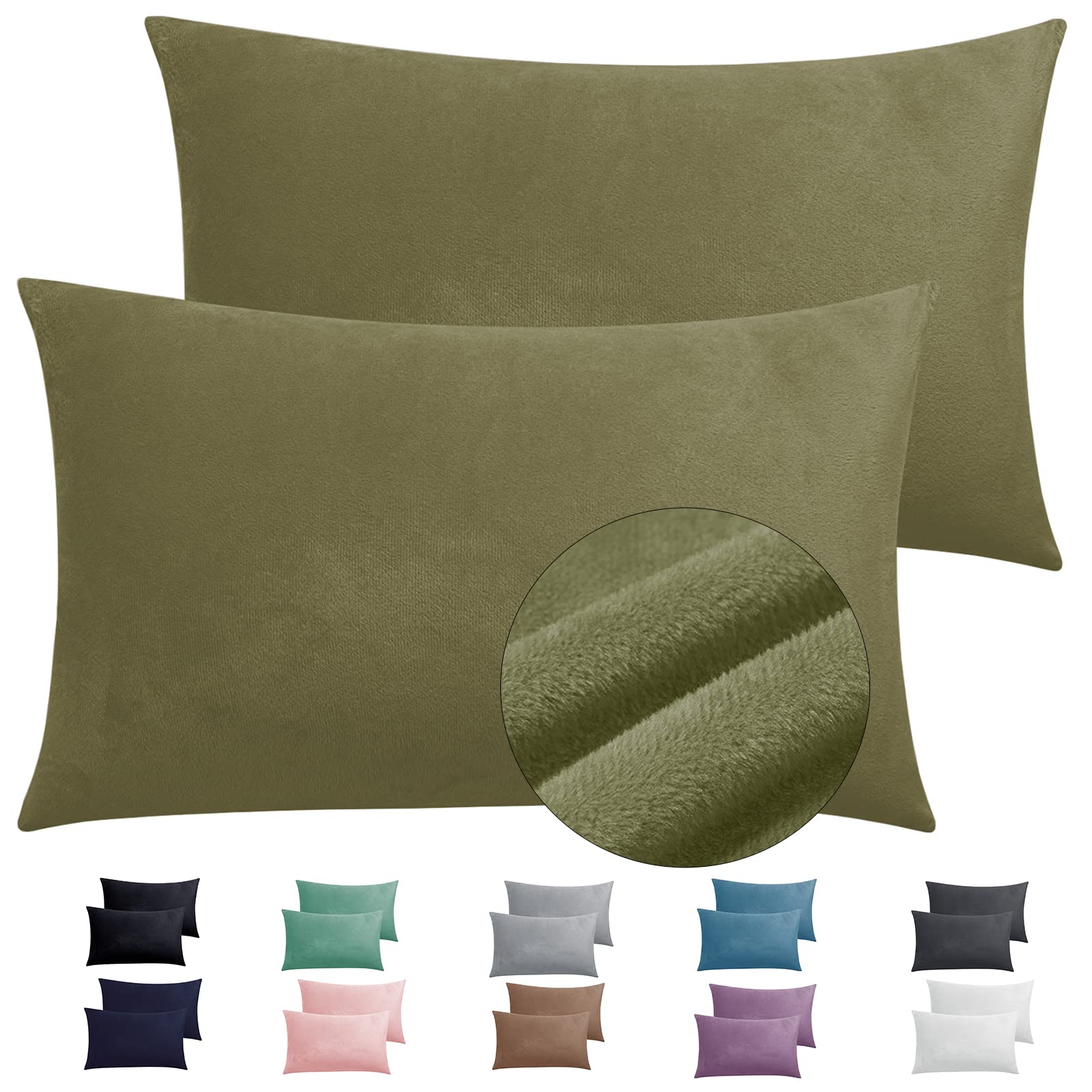 2 Pack Zippered Velvet Queen Pillowcases, Super Soft And Cozy Luxury Fuzzy Flannel Pillow Cases With Zipper, 20X30 Inches, Army