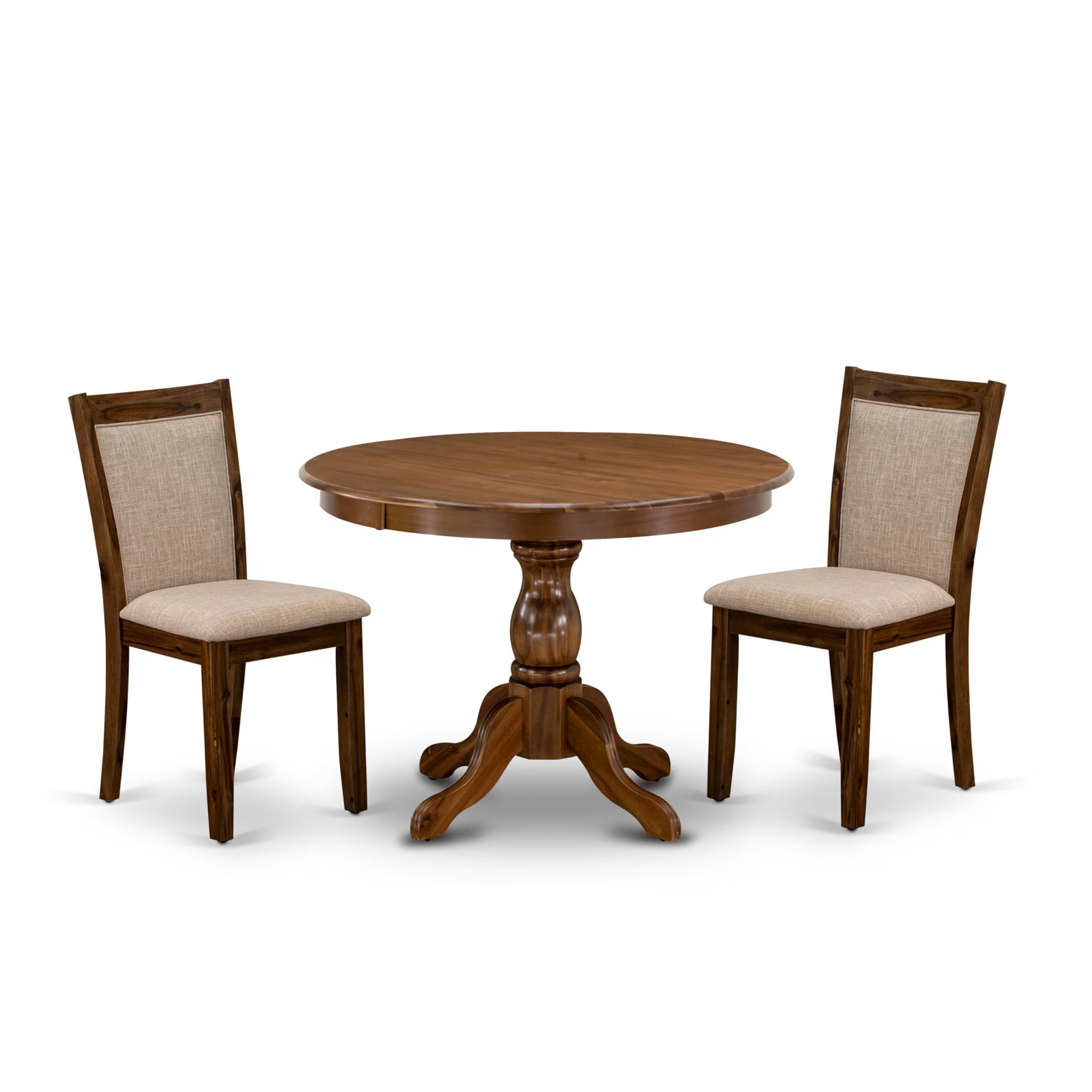 East West Furniture HBMZ3-AWN-04 3 Piece Dining Table Set Contains a Round Dining Room Table with Pedestal and 2 Light Tan Linen Fabric Upholstered Chairs, 42x42 Inch, Antique Walnut
